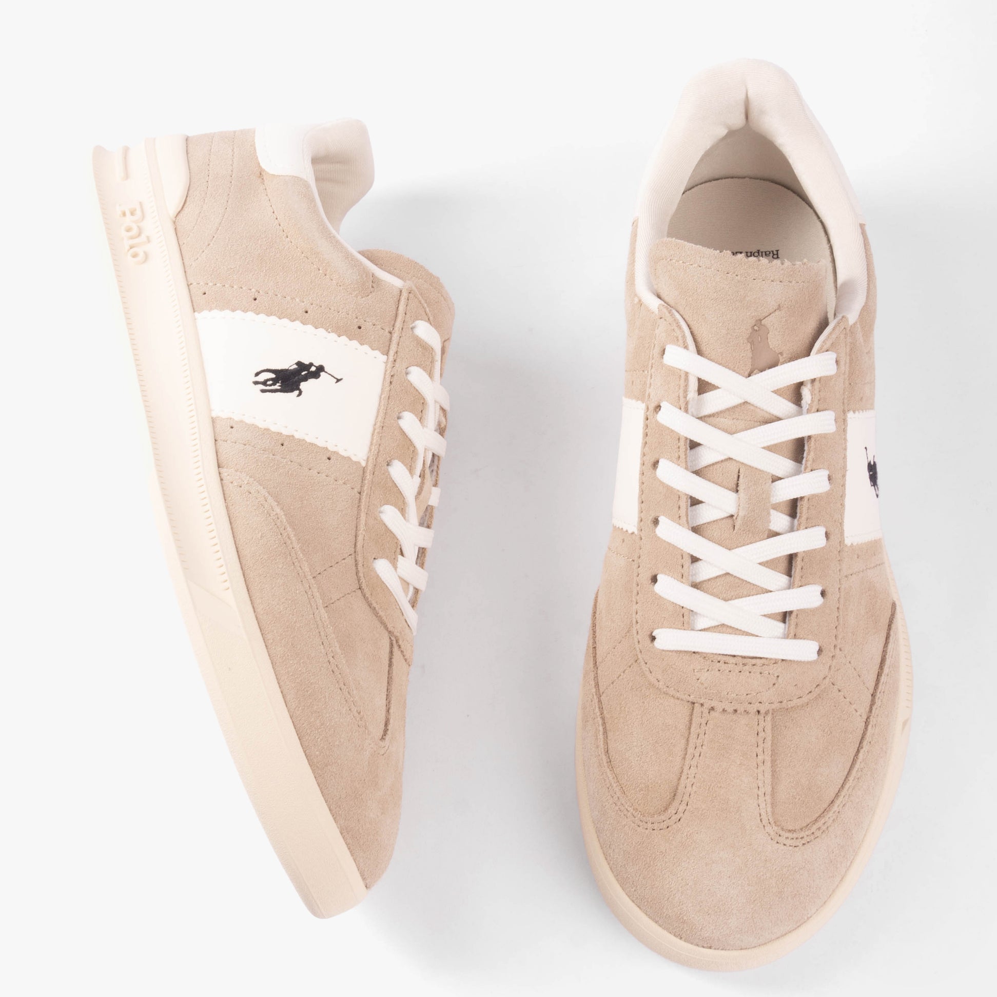 Polo Ralph Lauren HERITAGE AERA Mens Trainers Milkshake White top view showcasing suede upper and lace-up closure.
