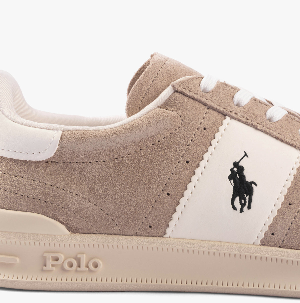 Polo Ralph Lauren HERITAGE AERA Mens Trainers Milkshake White side view with suede upper and logo details.