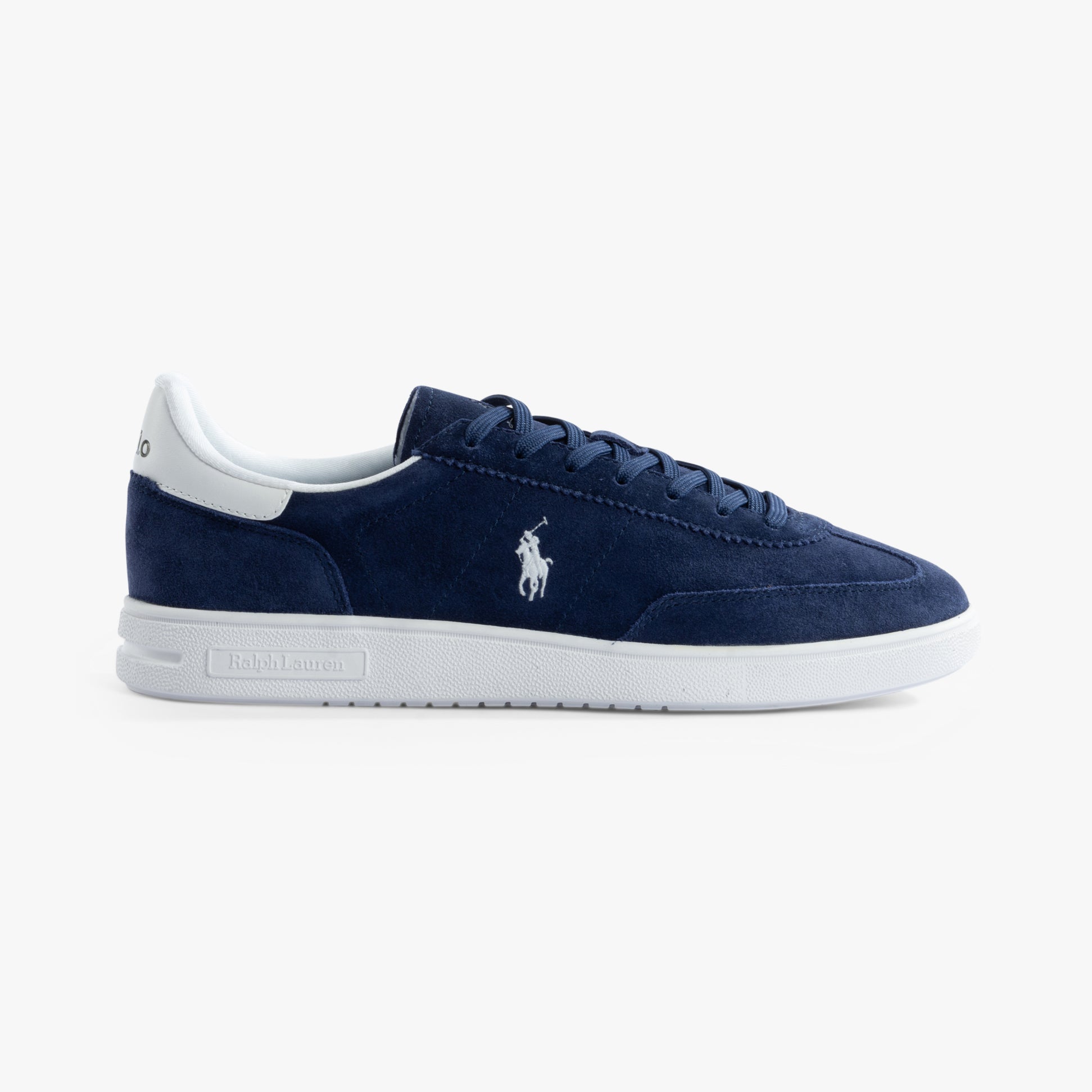 Polo Ralph Lauren BEDFORD Mens Trainers Navy/White side view with suede upper and lace-up closure.