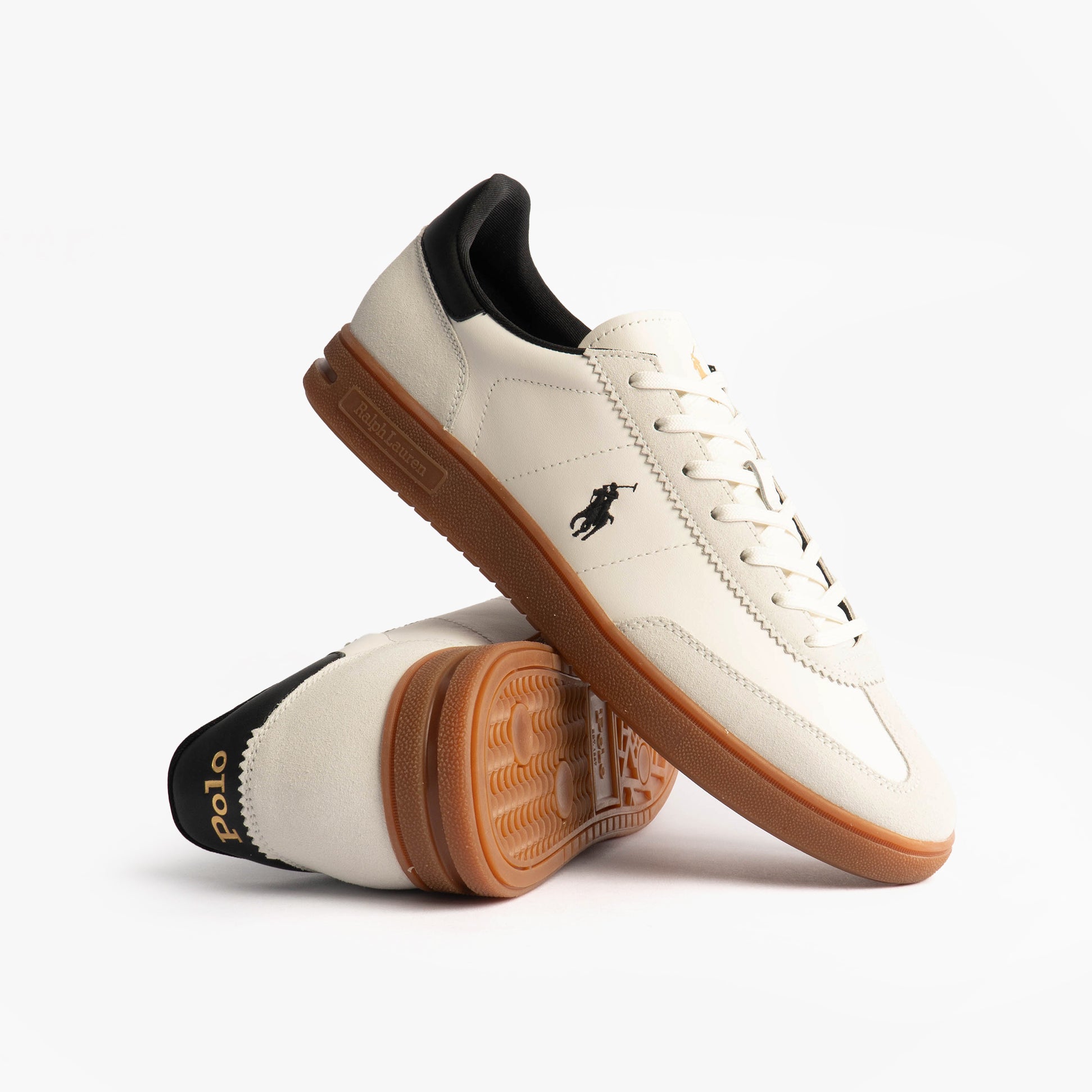 Polo Ralph Lauren BEDFORD Mens Trainers White/Black side view with brown rubber sole and black detailing