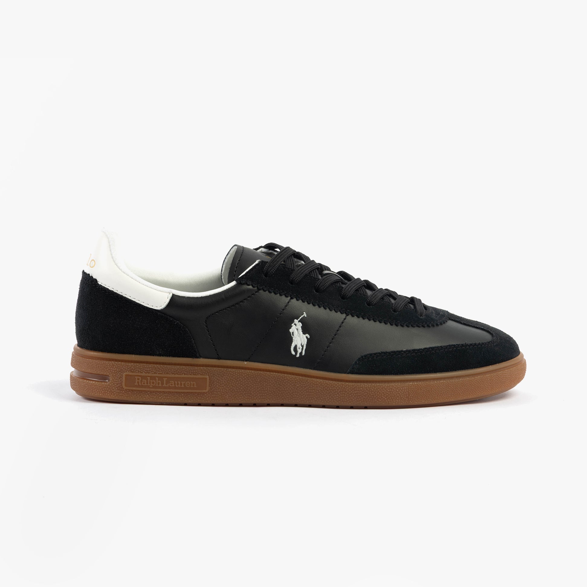 Polo Ralph Lauren BEDFORD Mens Trainers Black/White side view with suede and leather upper, lace-up closure and rubber sole.