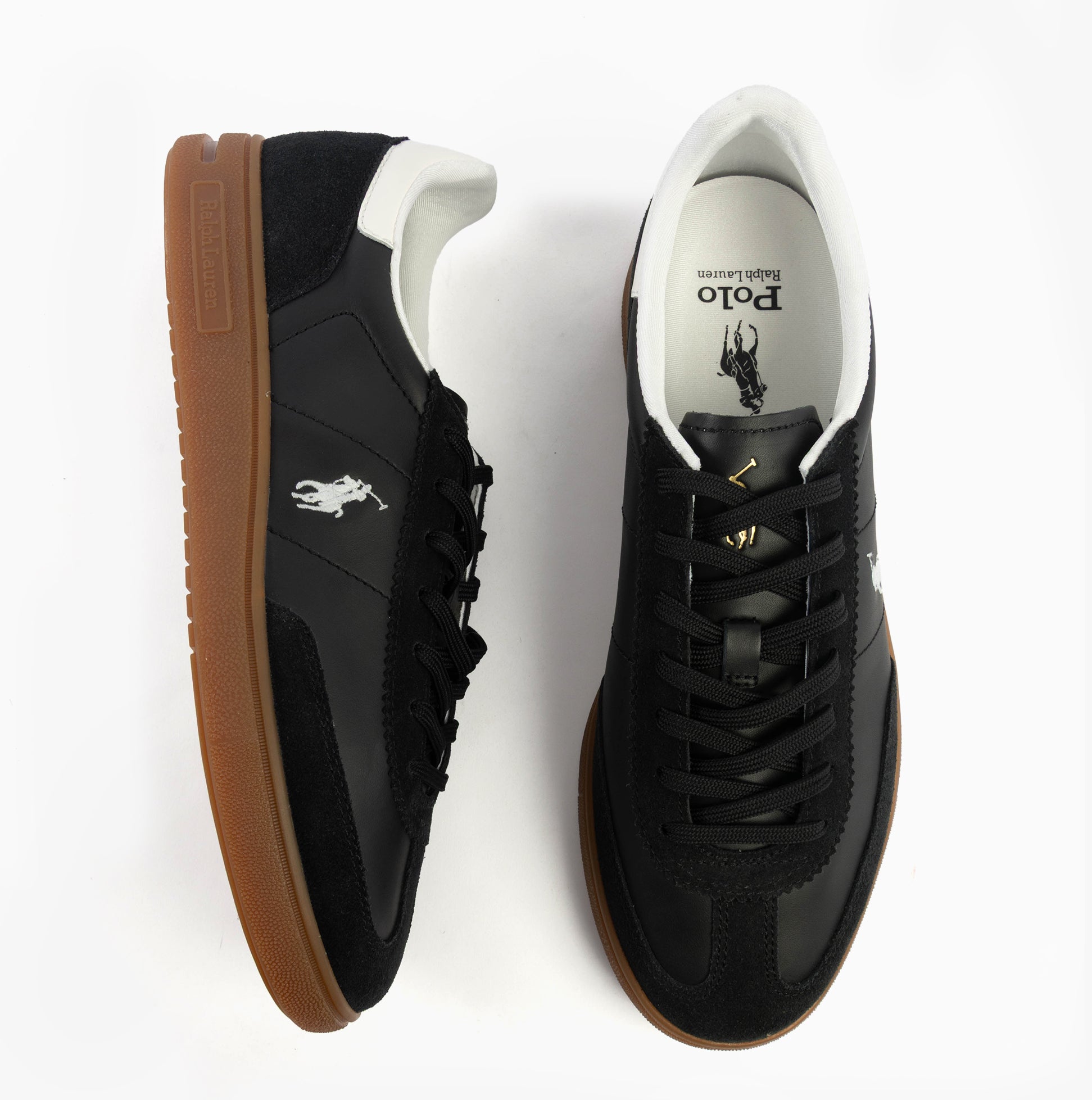 Polo Ralph Lauren BEDFORD Mens Trainers Black/White top view showing suede and rubber materials, lace-up design, and logo.