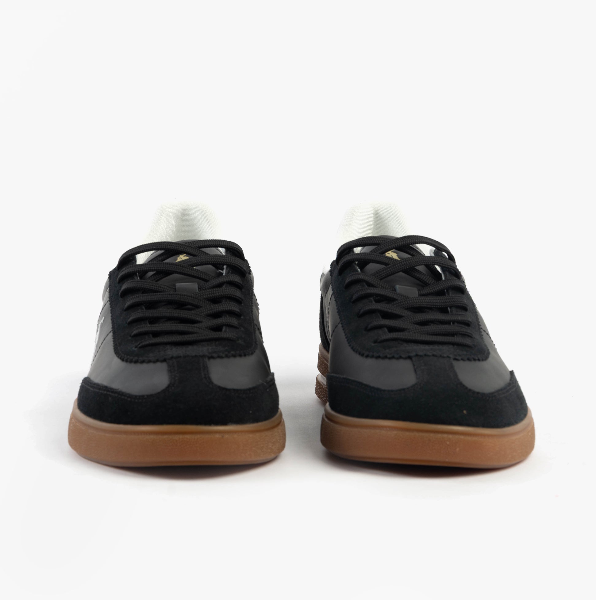 Polo Ralph Lauren BEDFORD Mens Trainers Black/White front view with black suede upper and brown rubber sole.