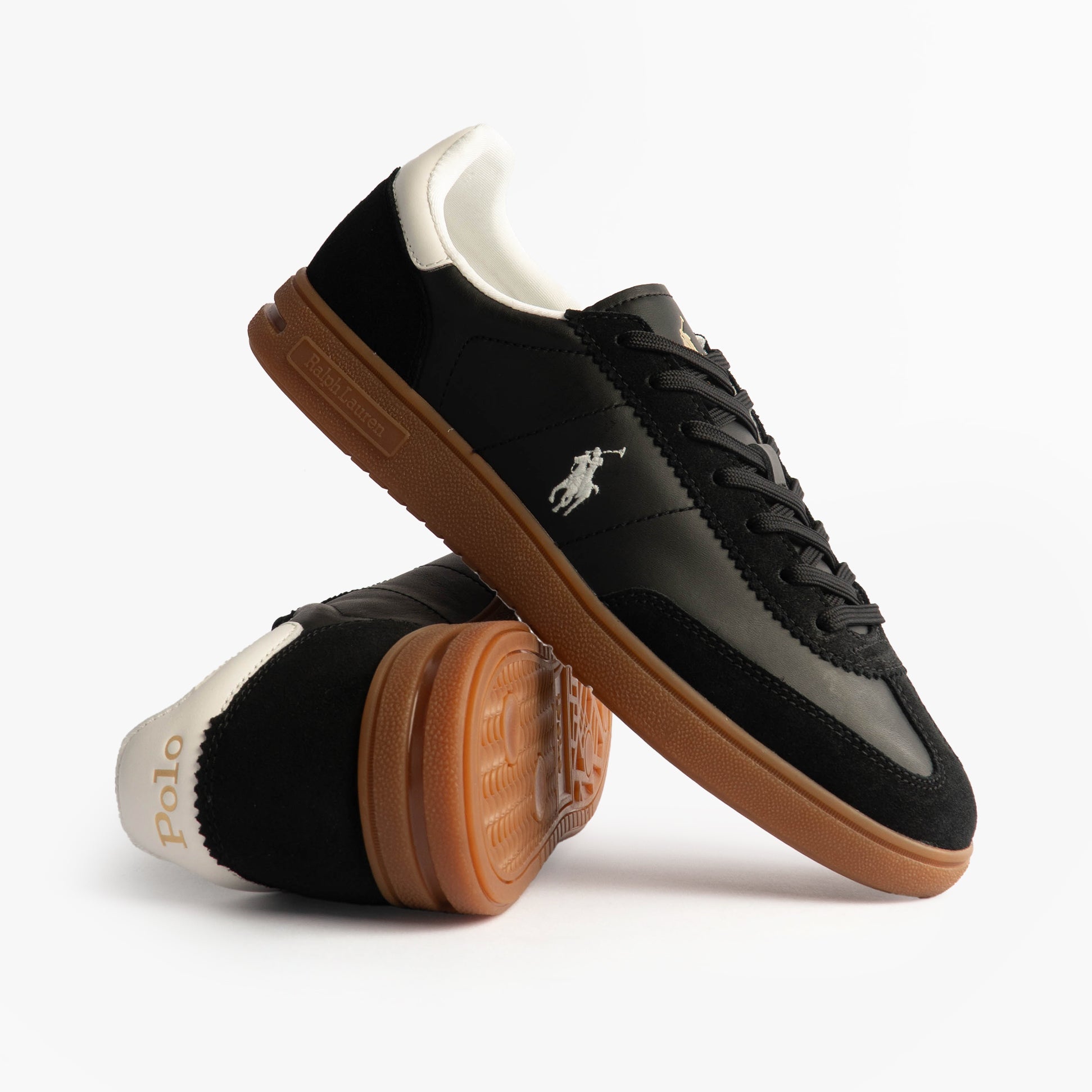 Polo Ralph Lauren BEDFORD Mens Trainers Black/White side view showcasing suede and rubber details.