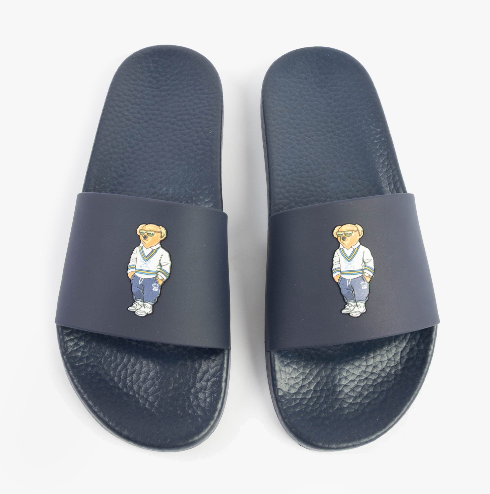 Polo Ralph Lauren POLO SLIDE Mens Sliders Heritage Bear Navy top view showcasing bear logo and slip-on design.