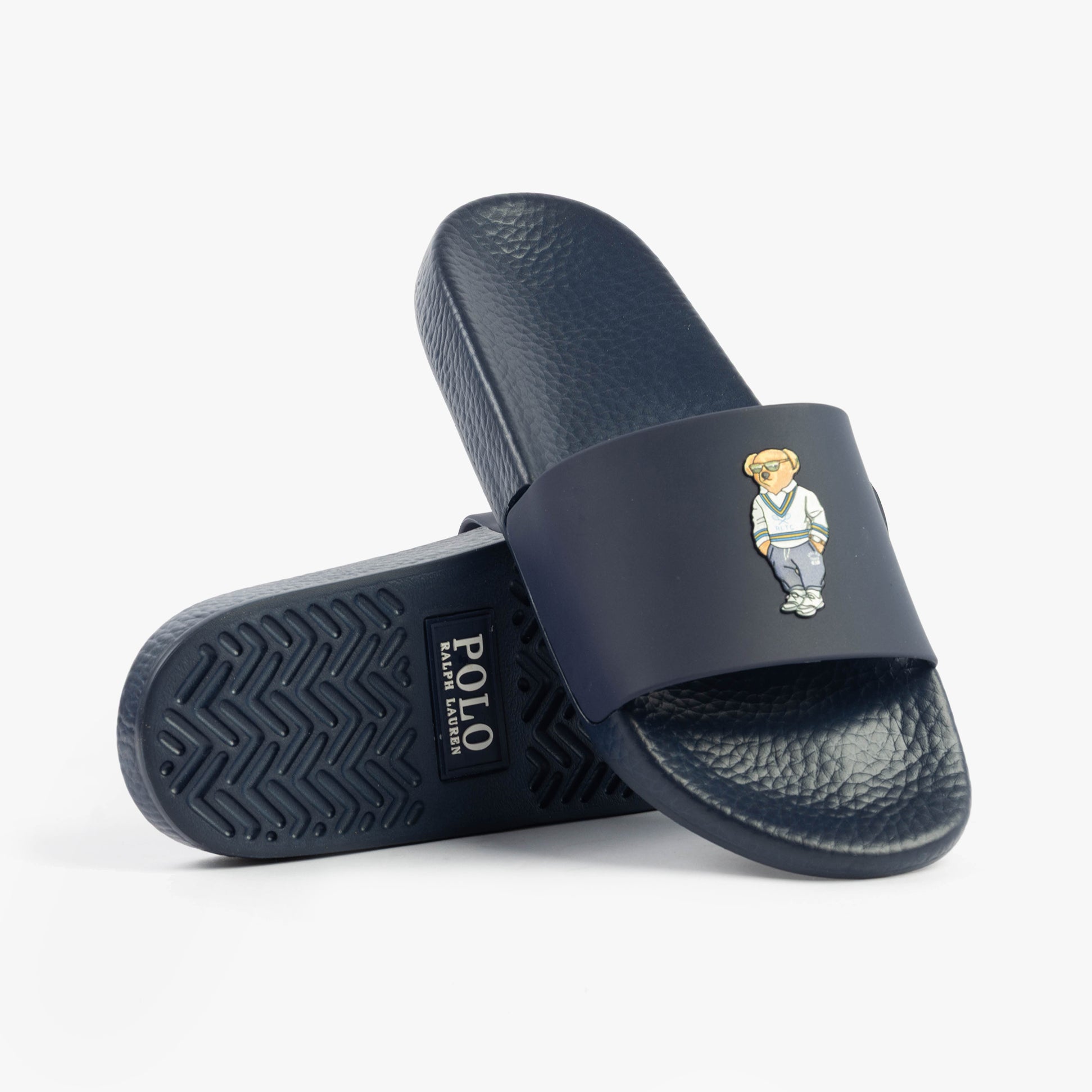 Polo Ralph Lauren POLO SLIDE Mens Sliders Heritage Bear Navy, top view showing bear design and brand logo on side.