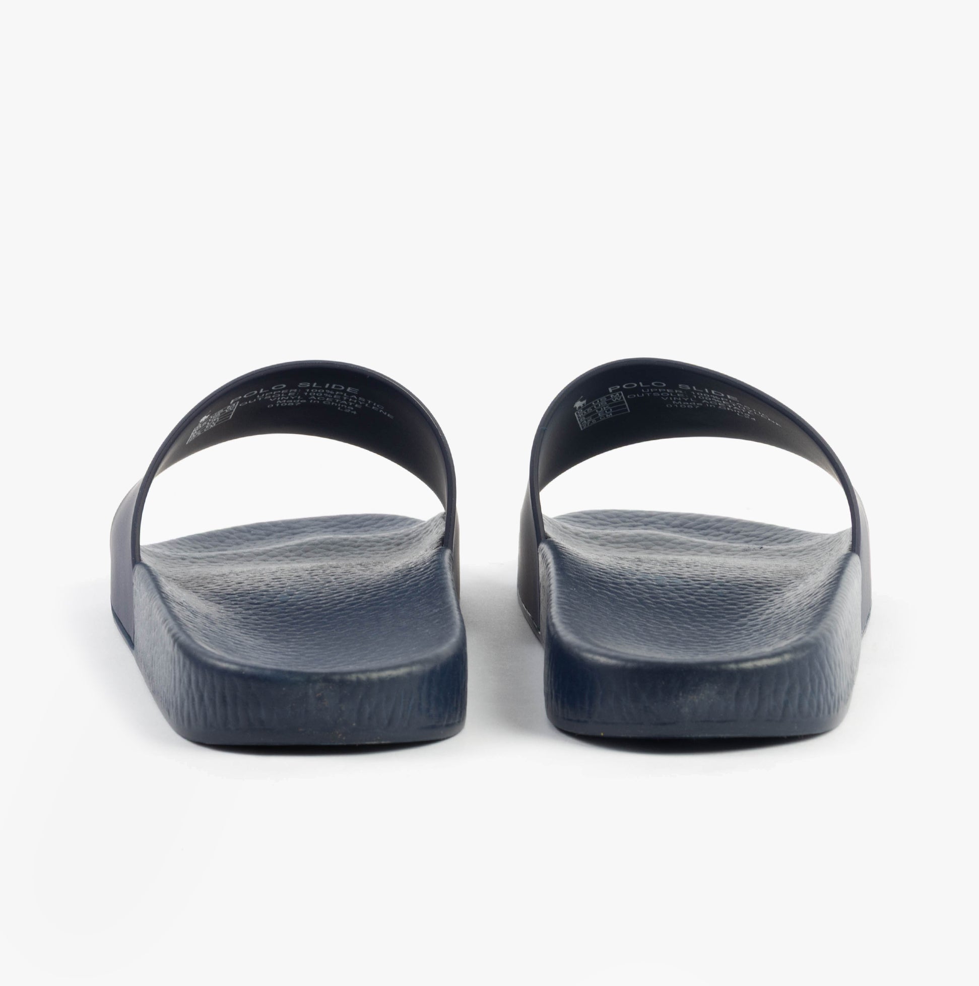Polo Ralph Lauren POLO SLIDE Mens Sliders Heritage Bear Navy rear view showing slip-on design and rubber sole.