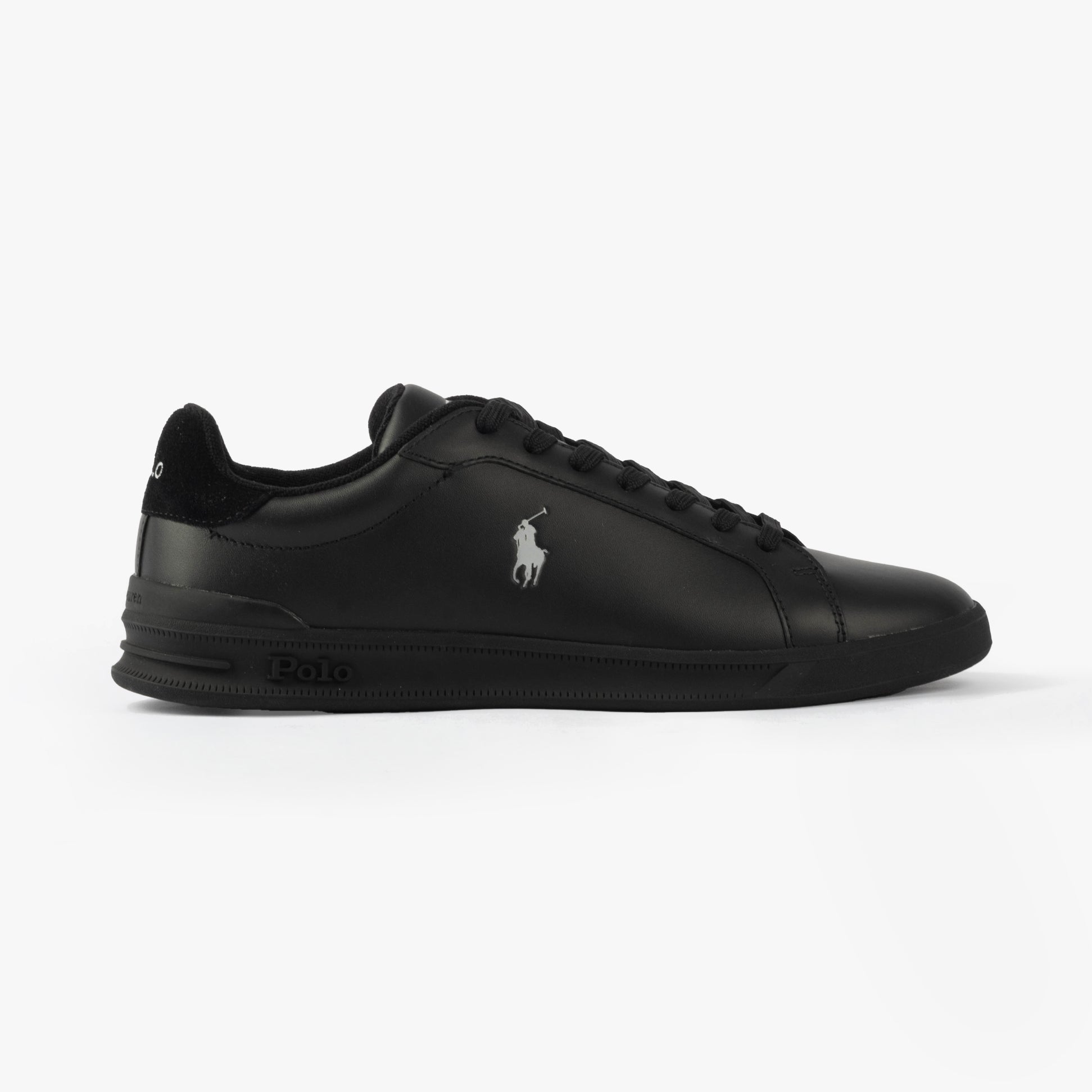 Polo Ralph Lauren HERITAGE COURT II Mens Trainers Black/Soft Grey side view showcasing sleek design and branding.