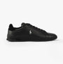 Polo Ralph Lauren HERITAGE COURT II Mens Trainers Black/Soft Grey side view showcasing sleek design and branding.