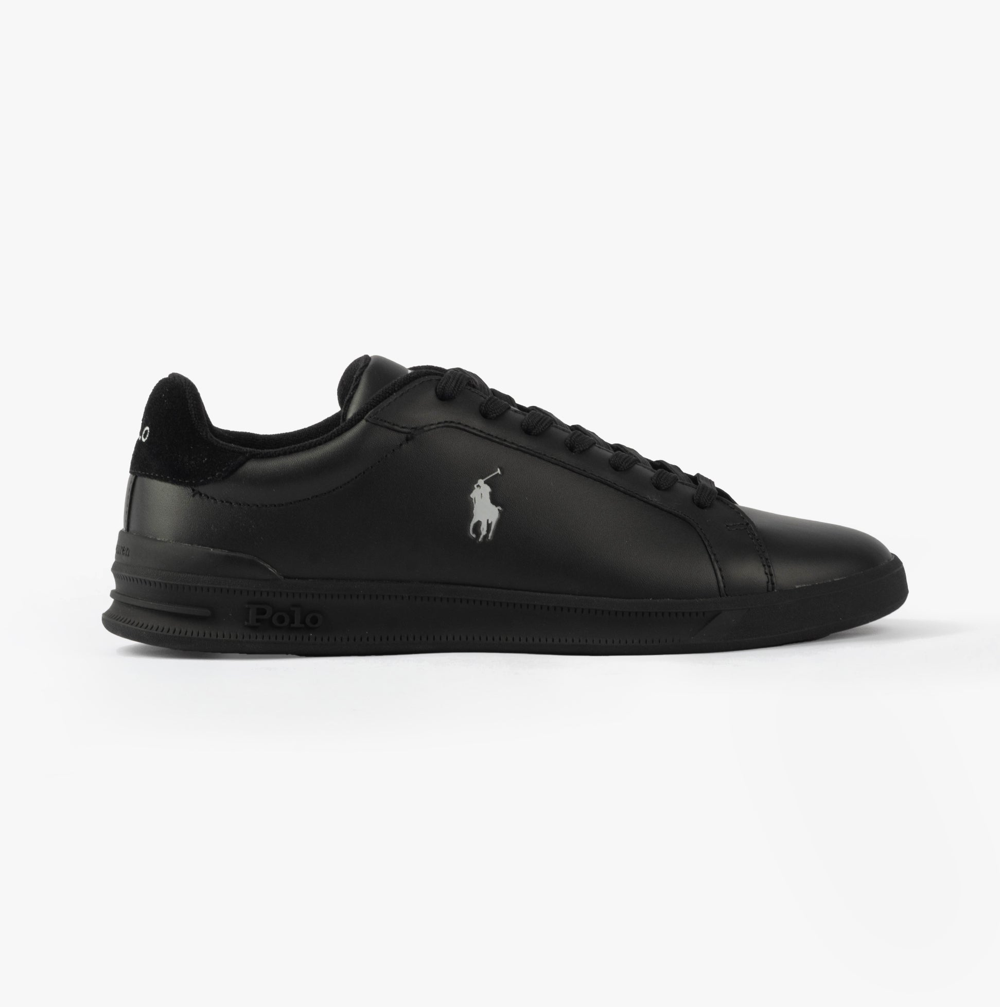 Polo Ralph Lauren HERITAGE COURT II Mens Trainers Black/Soft Grey side view showcasing sleek design and branding.