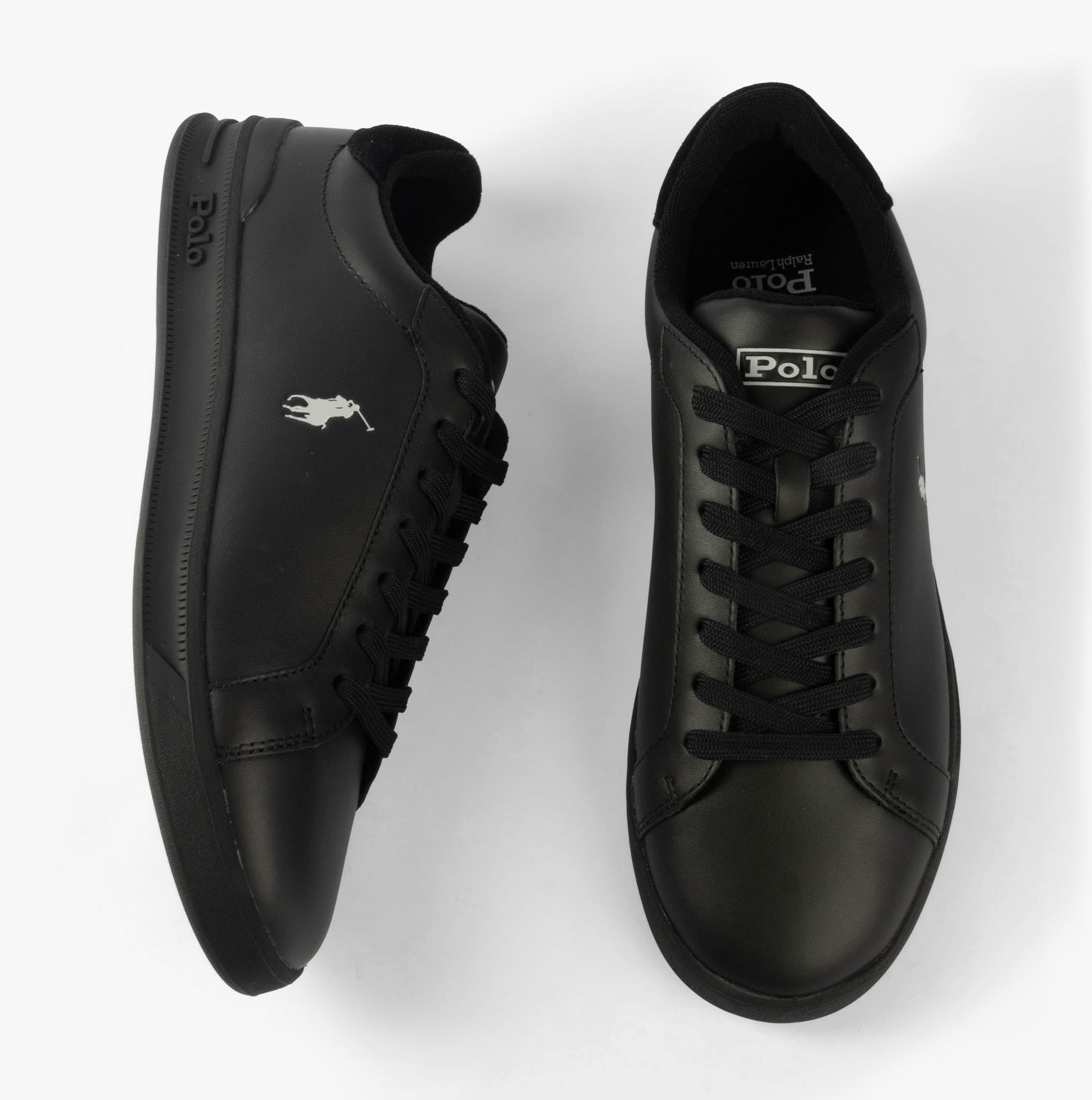 Polo Ralph Lauren HERITAGE COURT II Mens Trainers Black/Soft Grey top view with lace-up closure and round toe.