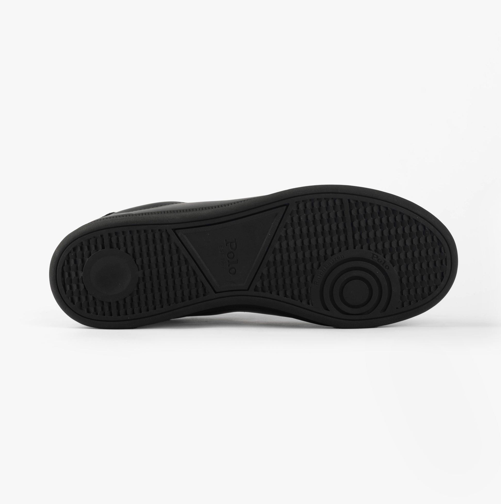 Polo Ralph Lauren HERITAGE COURT II Mens Trainers Black/Soft Grey bottom view showing rubber sole and textured patterns.