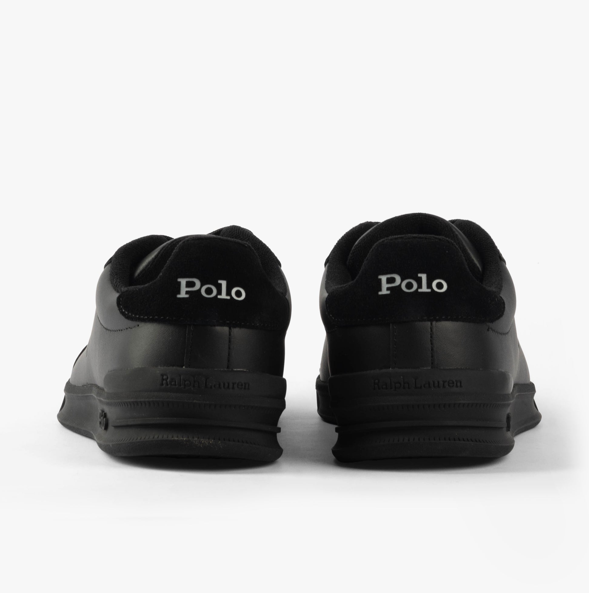 Polo Ralph Lauren HERITAGE COURT II Mens Trainers Black/Soft Grey rear view with logo details.