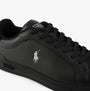 Polo Ralph Lauren HERITAGE COURT II Mens Trainers Black/Soft Grey close-up view featuring black leather upper and lace-up detail.