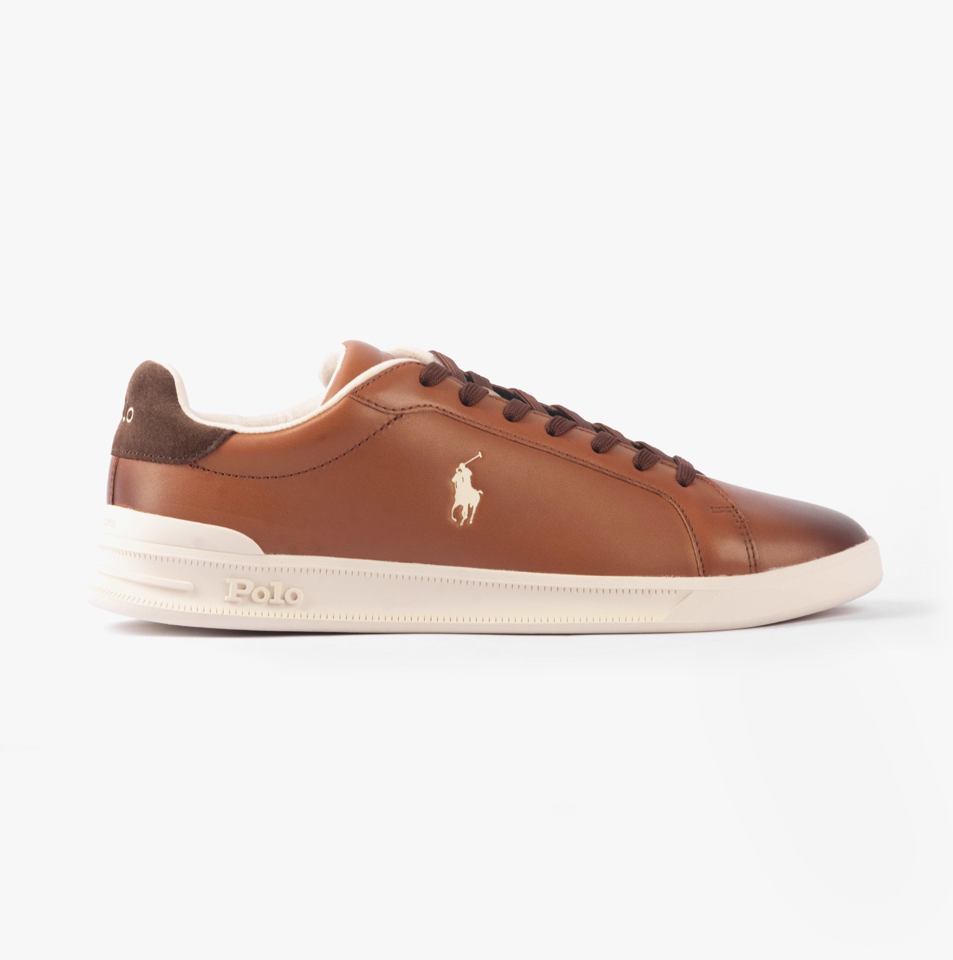 Polo Ralph Lauren HERITAGE COURT II Mens Trainers Tan/Ecru side view showing leather upper and lace-up design.