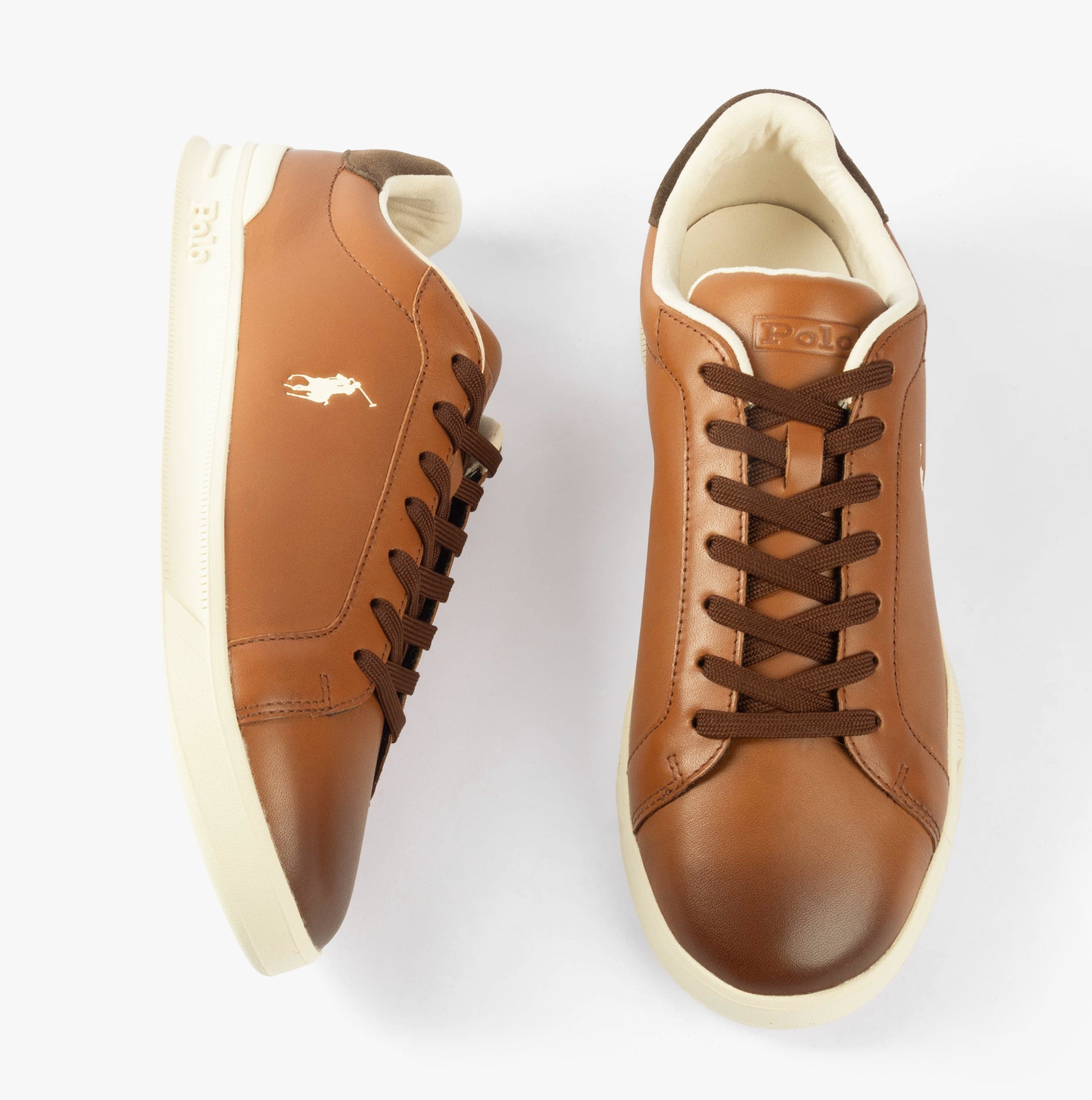 Polo Ralph Lauren HERITAGE COURT II Mens Trainers Tan/Ecru top view showing leather upper and lace-up closure.