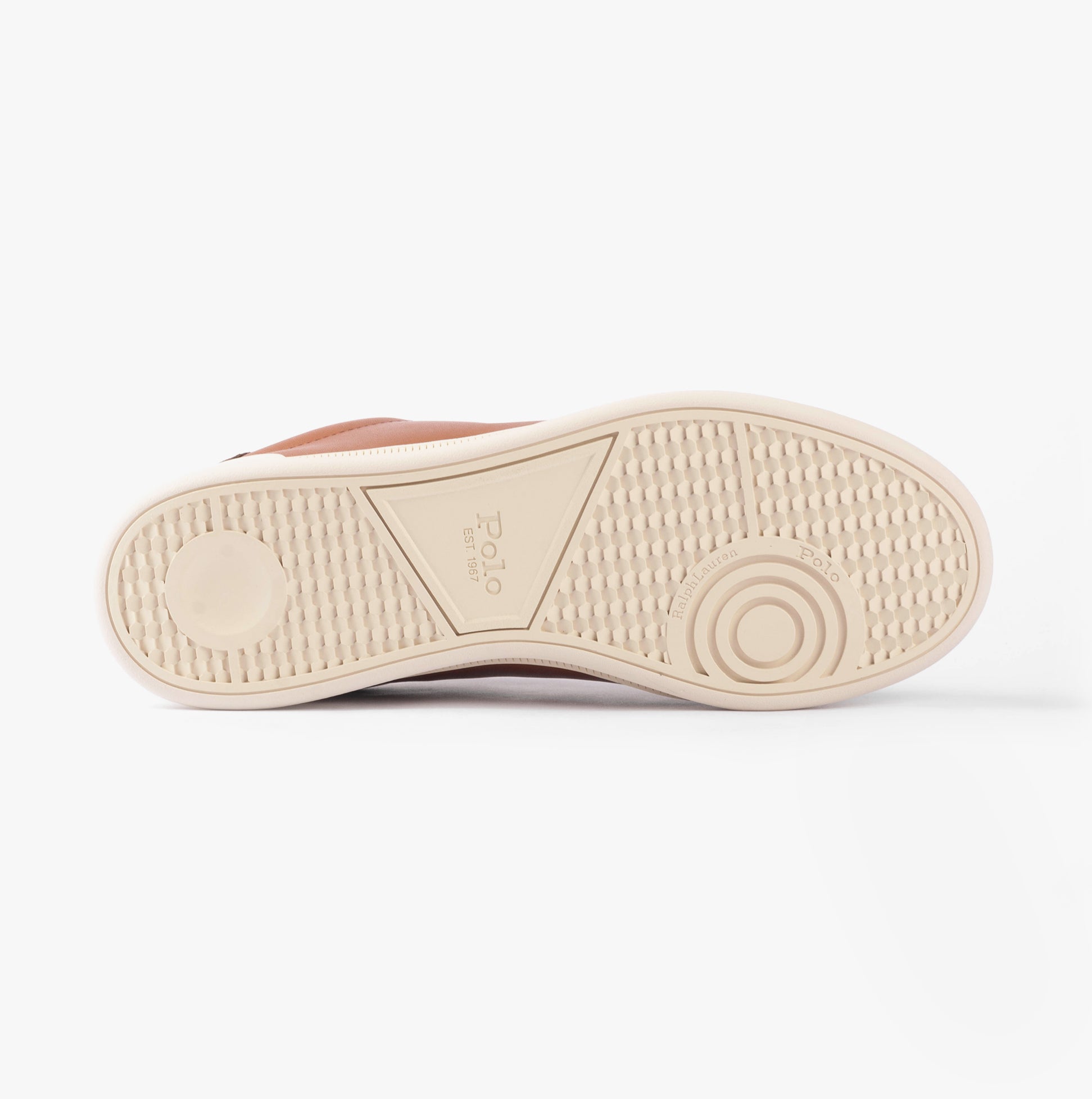 Polo Ralph Lauren HERITAGE COURT II Mens Trainers Tan/Ecru sole view, showing rubber sole design and texture.