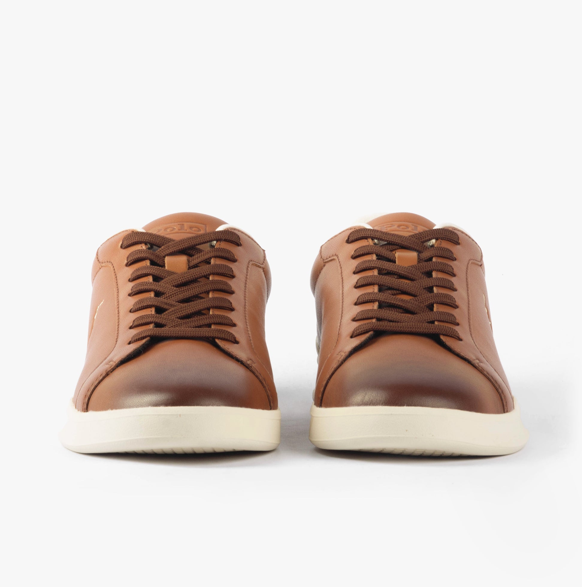 Polo Ralph Lauren HERITAGE COURT II Mens Trainers Tan/Ecru front view showing leather upper and lace-up closure.