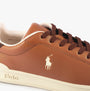 Polo Ralph Lauren HERITAGE COURT II Mens Trainers Tan/Ecru close-up view highlighting leather upper and logo.