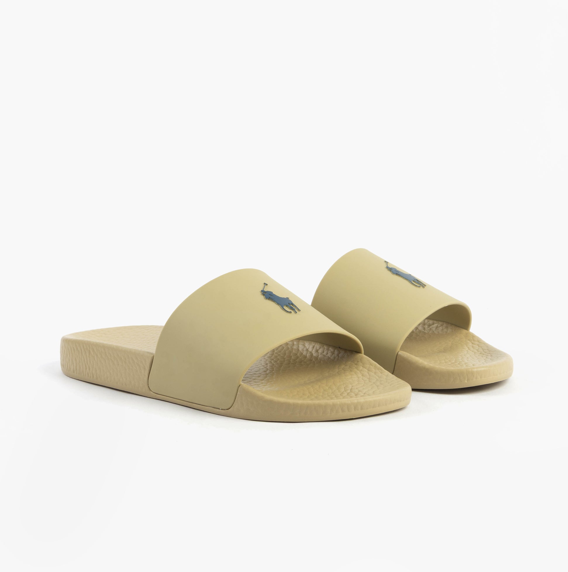 Polo Ralph Lauren POLO SLIDE Mens Sliders Coastal Beige side view showing logo and design details.