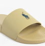 Polo Ralph Lauren POLO SLIDE Mens Sliders Coastal Beige close-up view with logo detail and textured footbed.