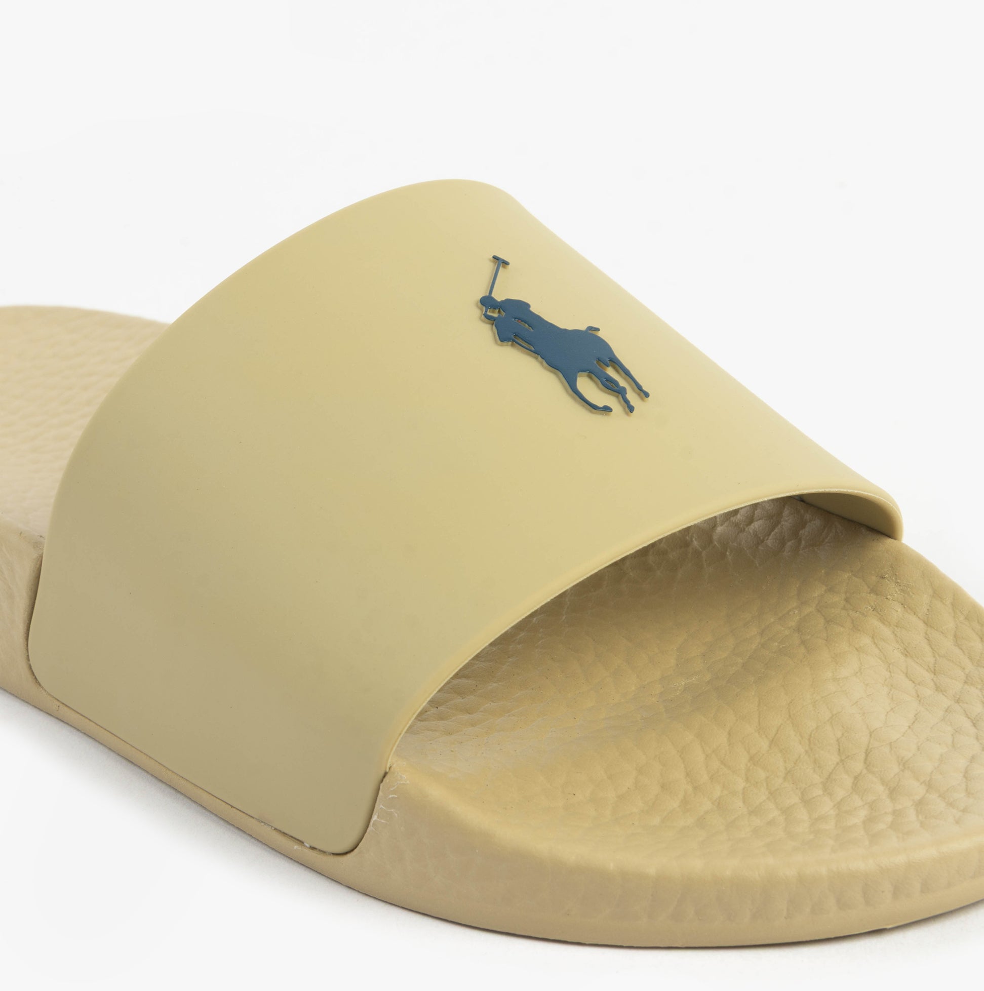 Polo Ralph Lauren POLO SLIDE Mens Sliders Coastal Beige close-up view with logo detail and textured footbed.