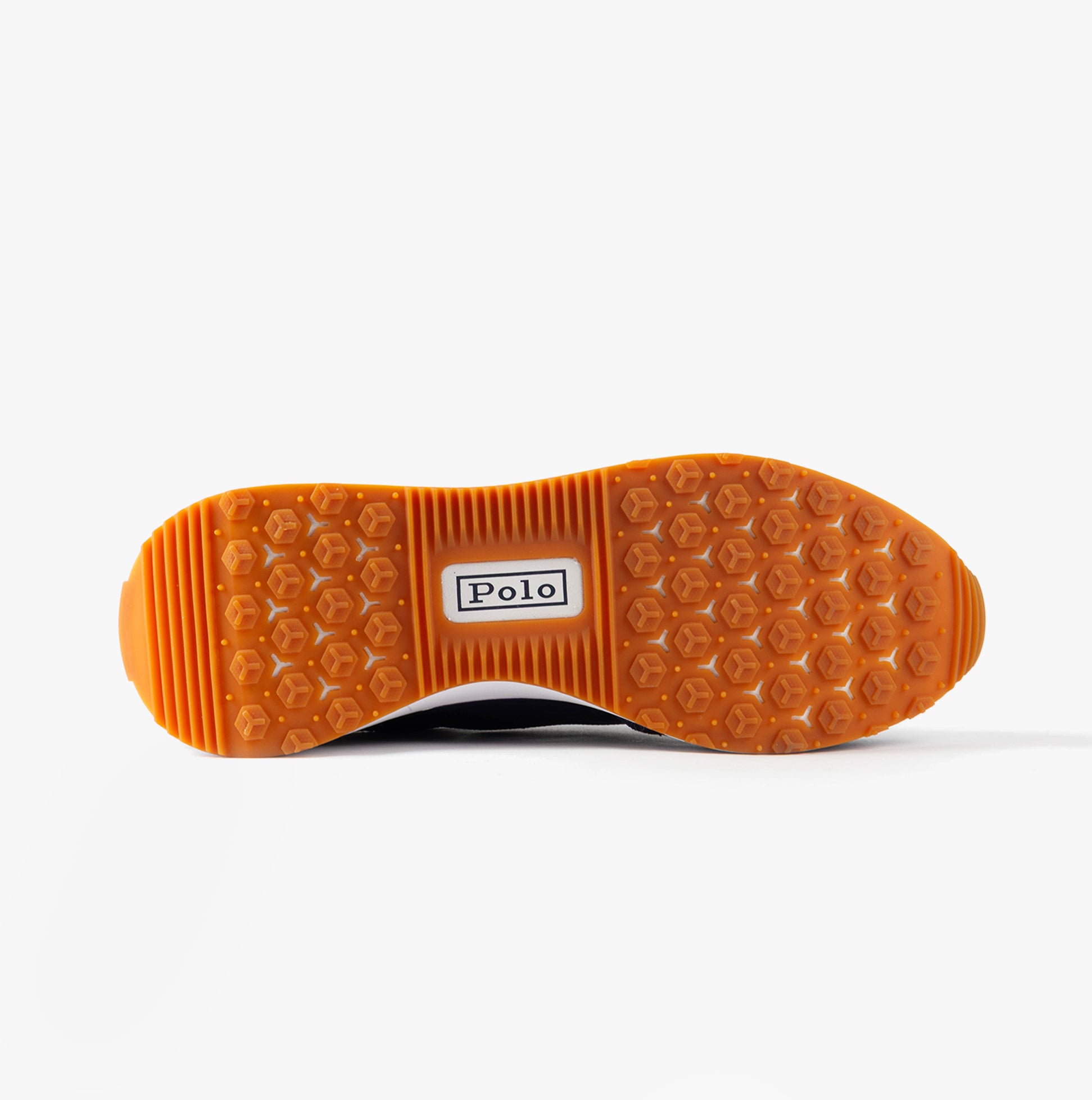Polo Ralph Lauren TRAIN 89 Mens Trainers Navy/Multi bottom view showcasing the orange rubber sole with textured detailing.