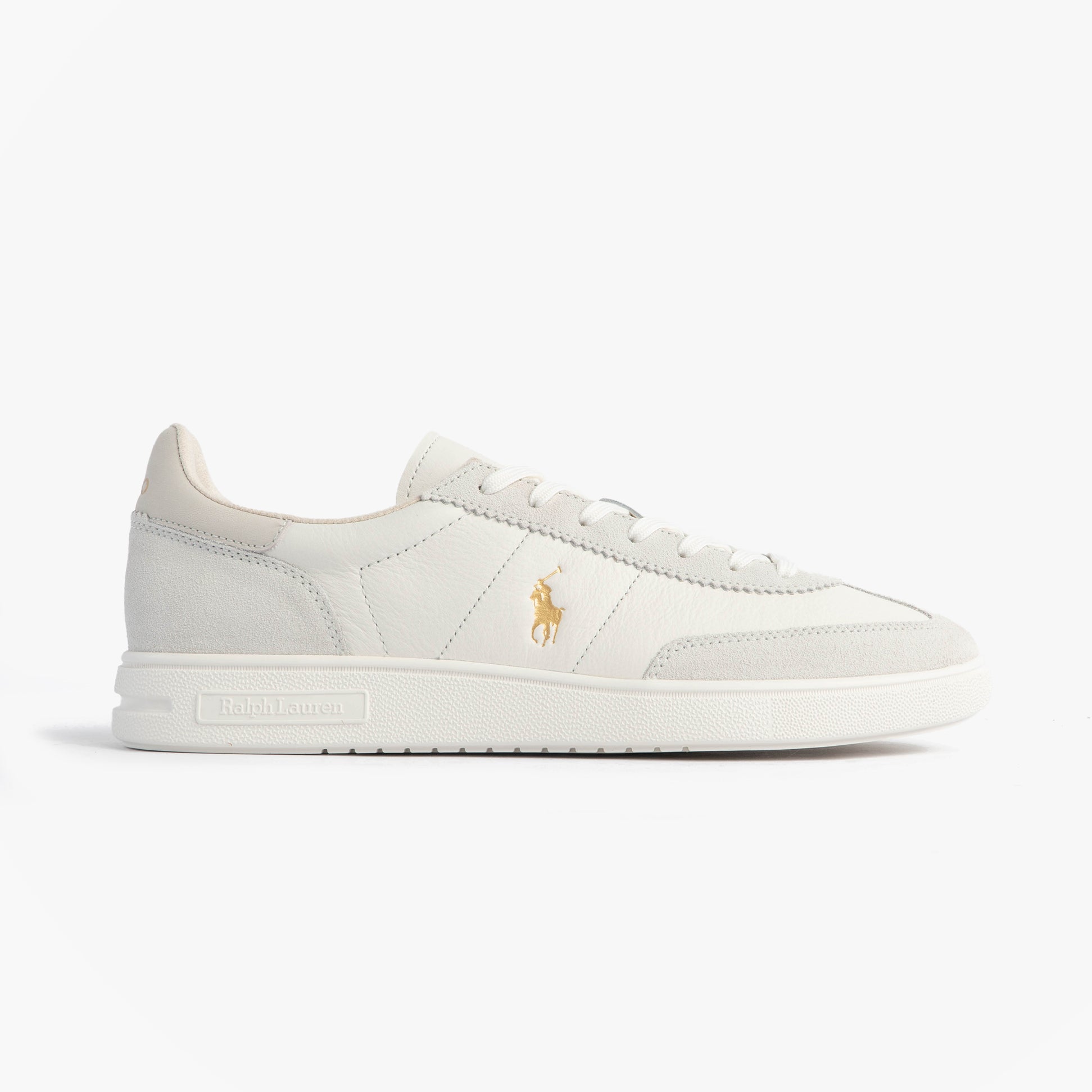 Polo Ralph Lauren Mens Bedford Lace Up Leather-Suede Trainer White side view showing leather and suede upper, lace-up design.