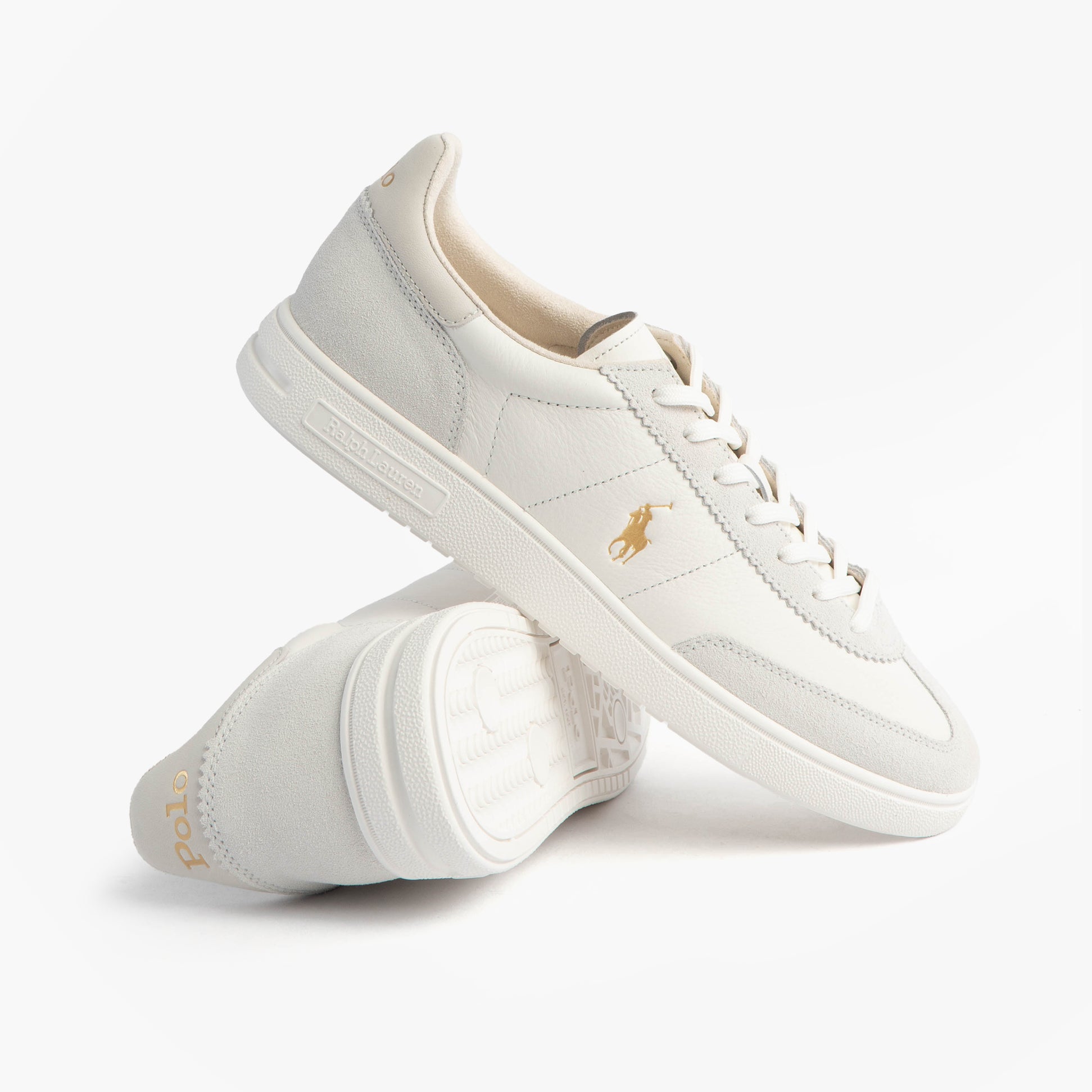 Polo Ralph Lauren Mens Bedford Lace Up Leather-Suede Trainer White side view with leather and suede upper.