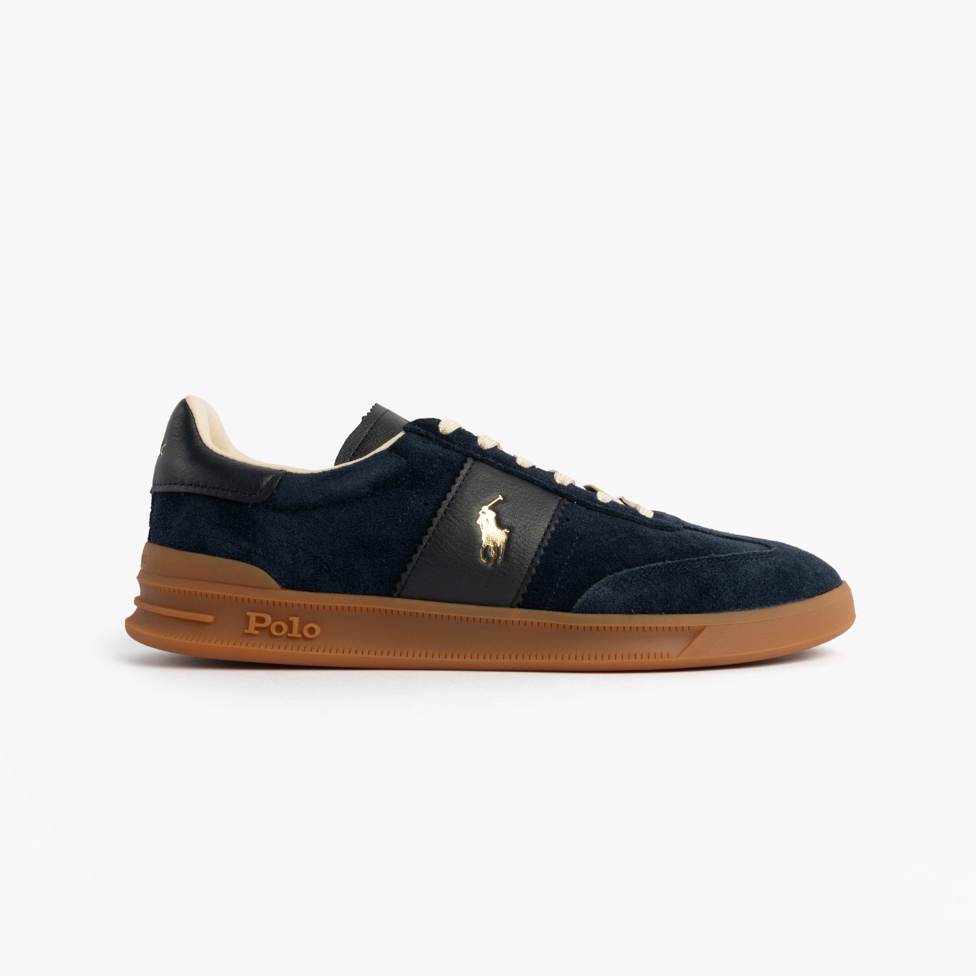Polo Ralph Lauren Heritage Aera Mens Lace Up Suede Trainer Navy side view with gum sole and gold logo.