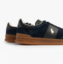 Polo Ralph Lauren Heritage Aera Mens Lace Up Suede Trainer Navy side view featuring suede upper and rubber sole