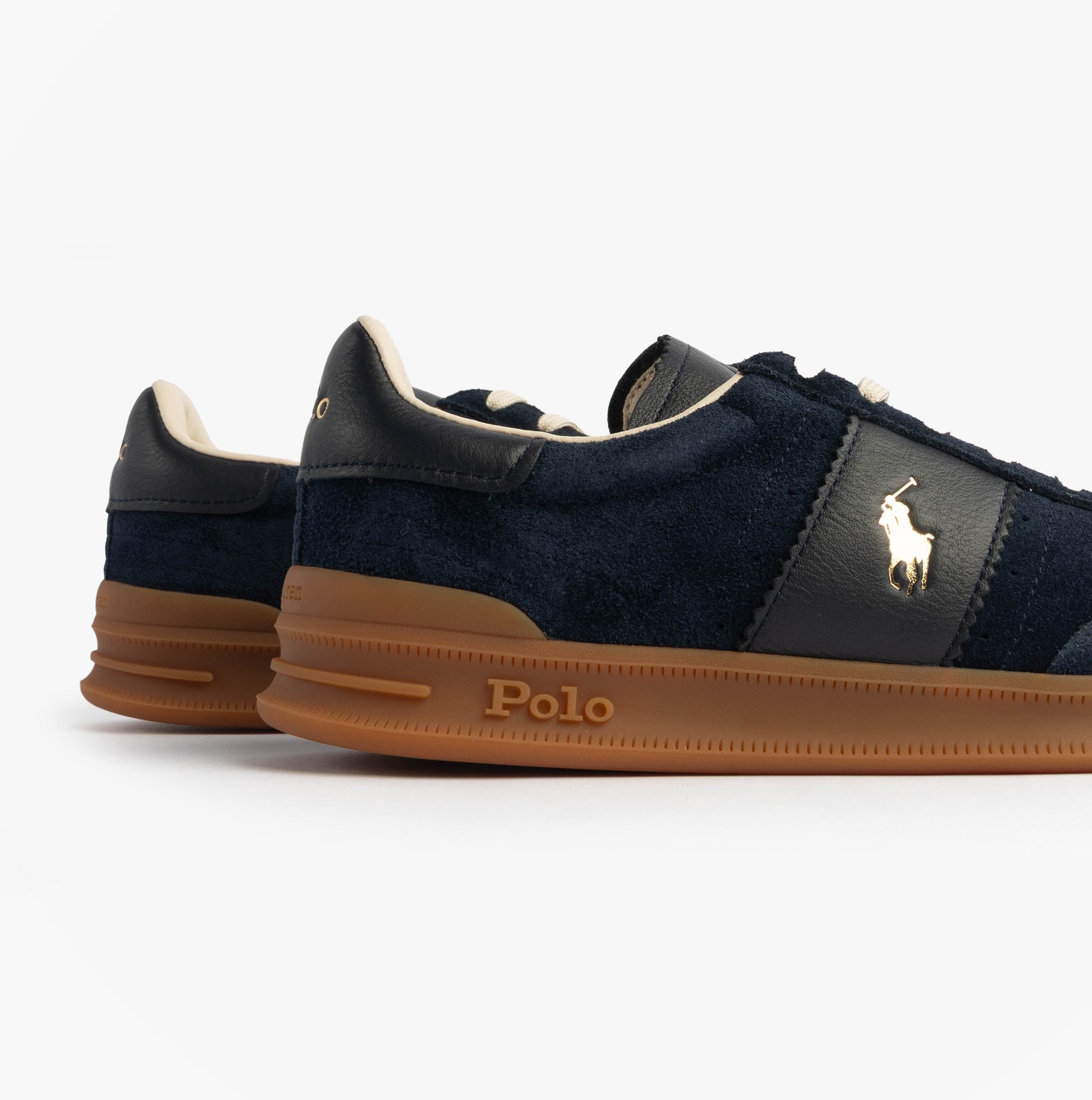 Polo Ralph Lauren Heritage Aera Mens Lace Up Suede Trainer Navy side view featuring suede upper and rubber sole