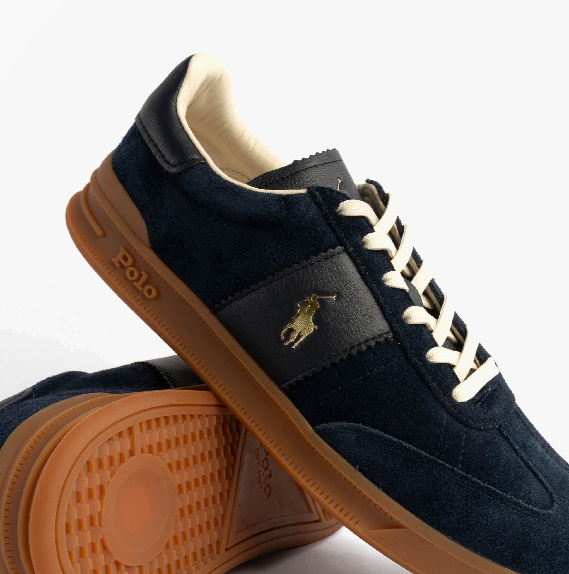 Polo Ralph Lauren Heritage Aera Mens Lace Up Suede Trainer Navy side view with gum sole and iconic logo detail
