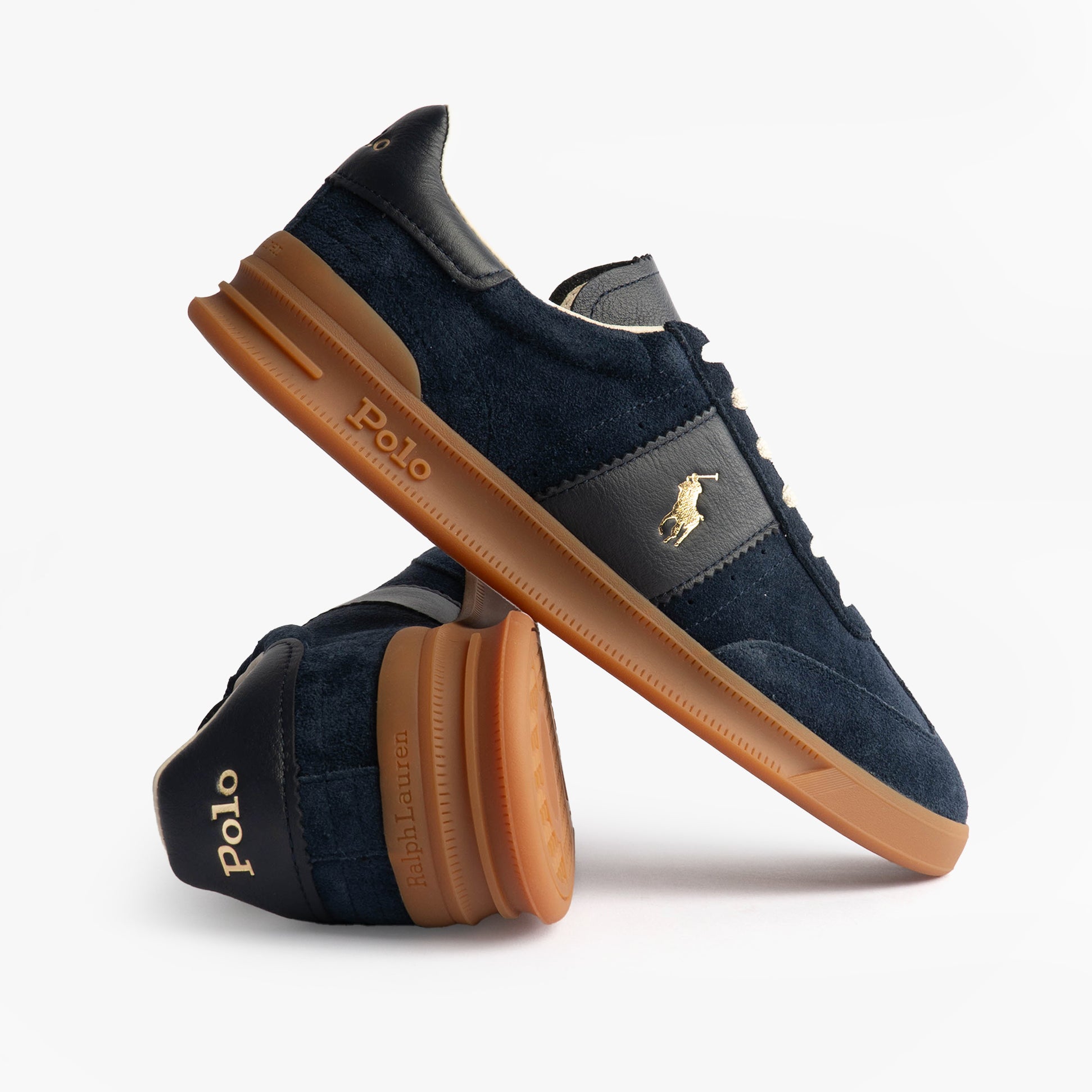 Polo Ralph Lauren Heritage Aera Mens Lace Up Suede Trainer Navy side view with rubber sole and suede upper