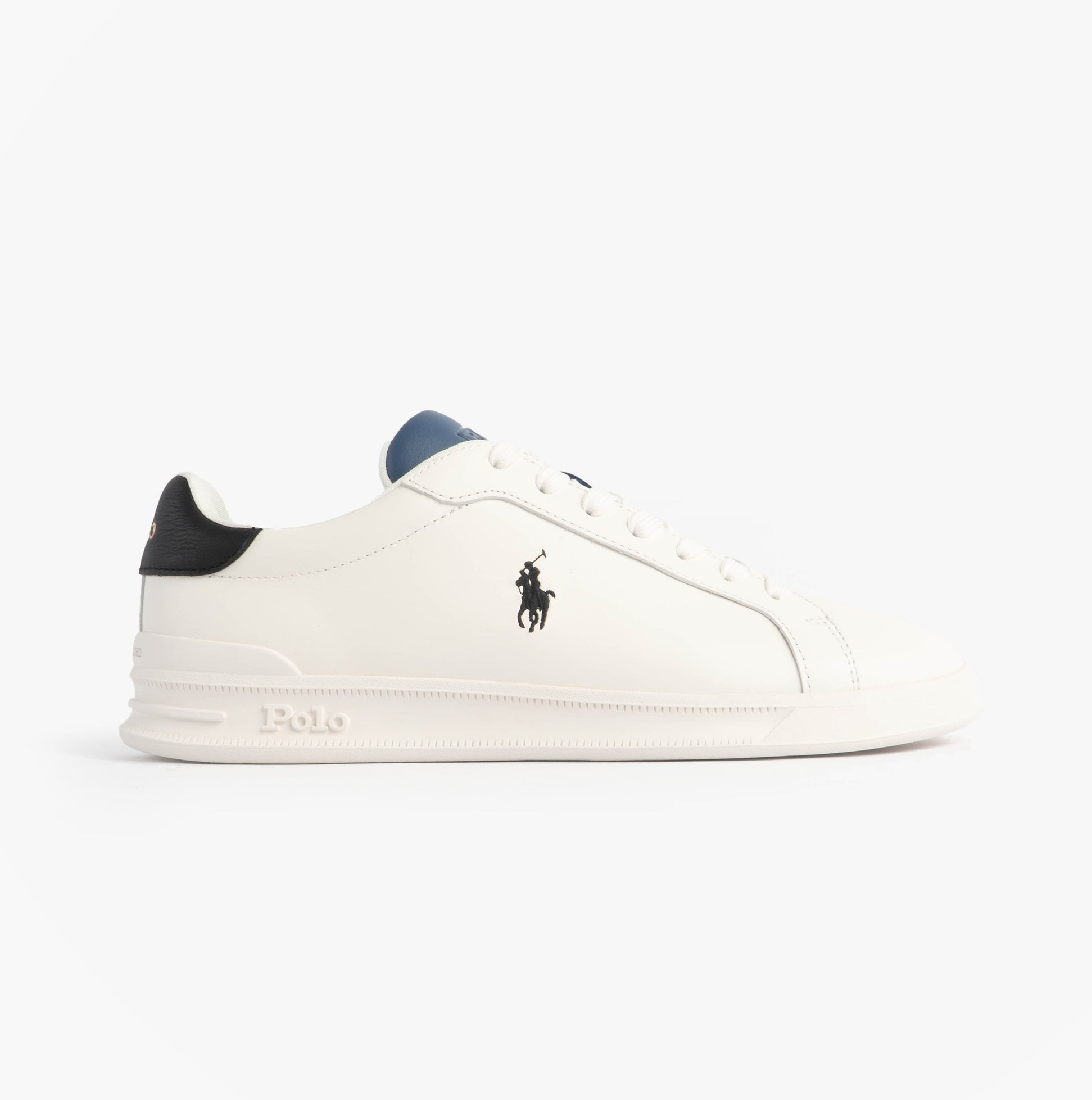Polo Ralph Lauren Mens Heritage Court II Leather Trainer Off White/Blue side view, showcasing leather upper and round toe design.