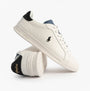 Polo Ralph Lauren Mens Heritage Court II Leather Trainer Off White/Blue side view showing design details and color contrast.