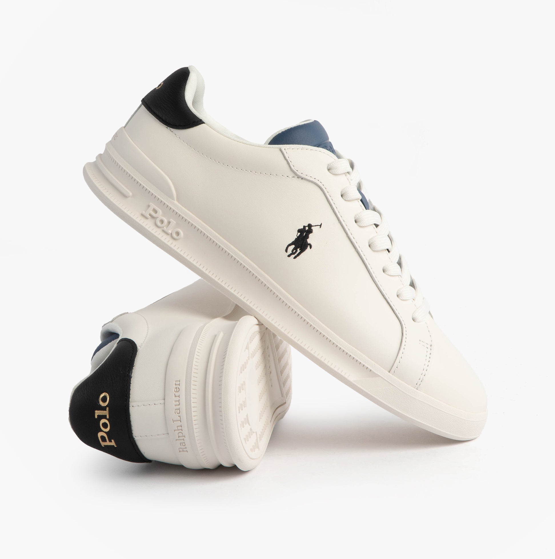 Polo Ralph Lauren Mens Heritage Court II Leather Trainer Off White/Blue side view showing design details and color contrast.