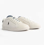 Polo Ralph Lauren Mens Heritage Court II Leather Trainer Off White/Blue side view showcasing leather design and lace-up closure.