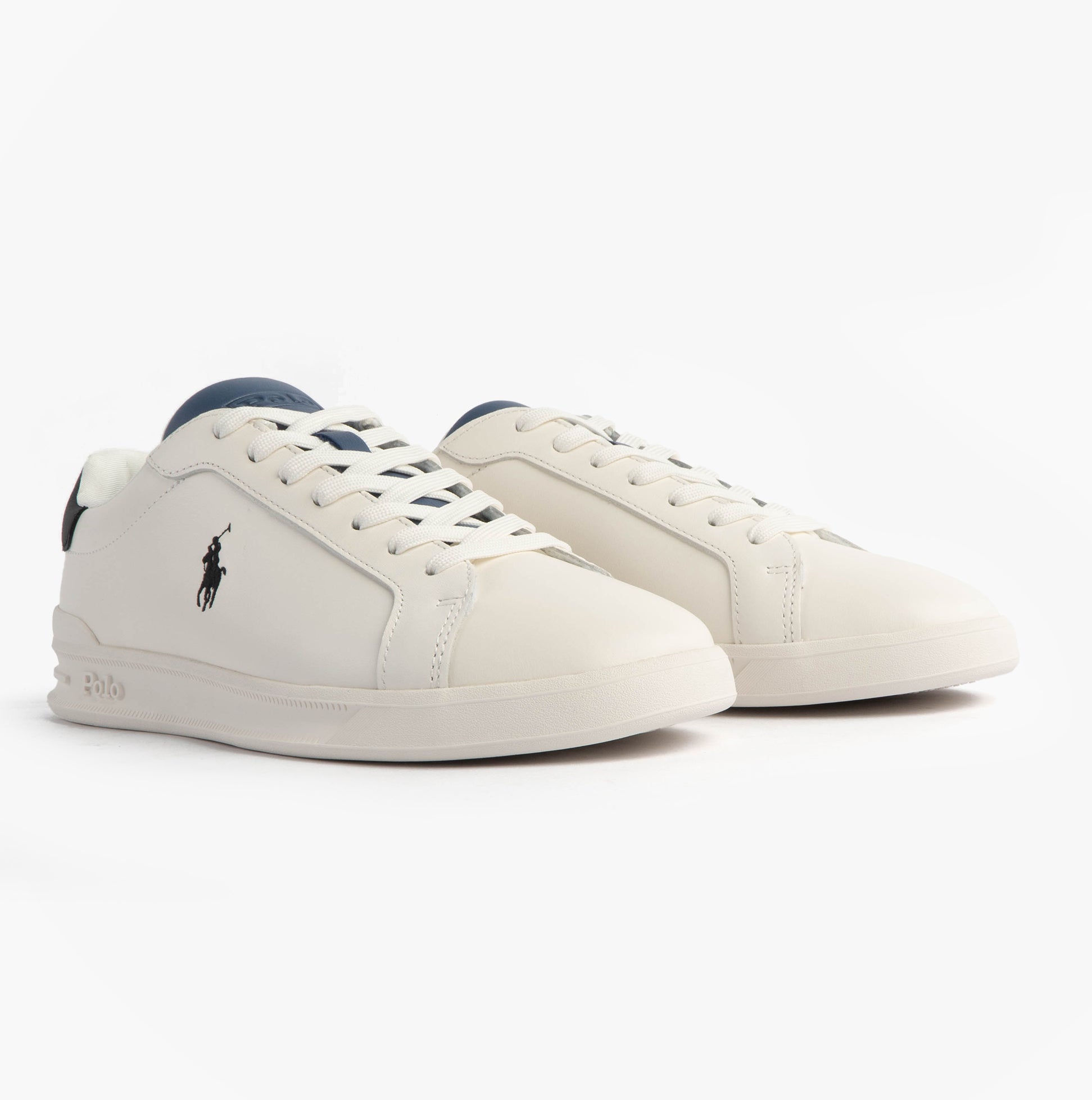 Polo Ralph Lauren Mens Heritage Court II Leather Trainer Off White/Blue side view showcasing leather design and lace-up closure.