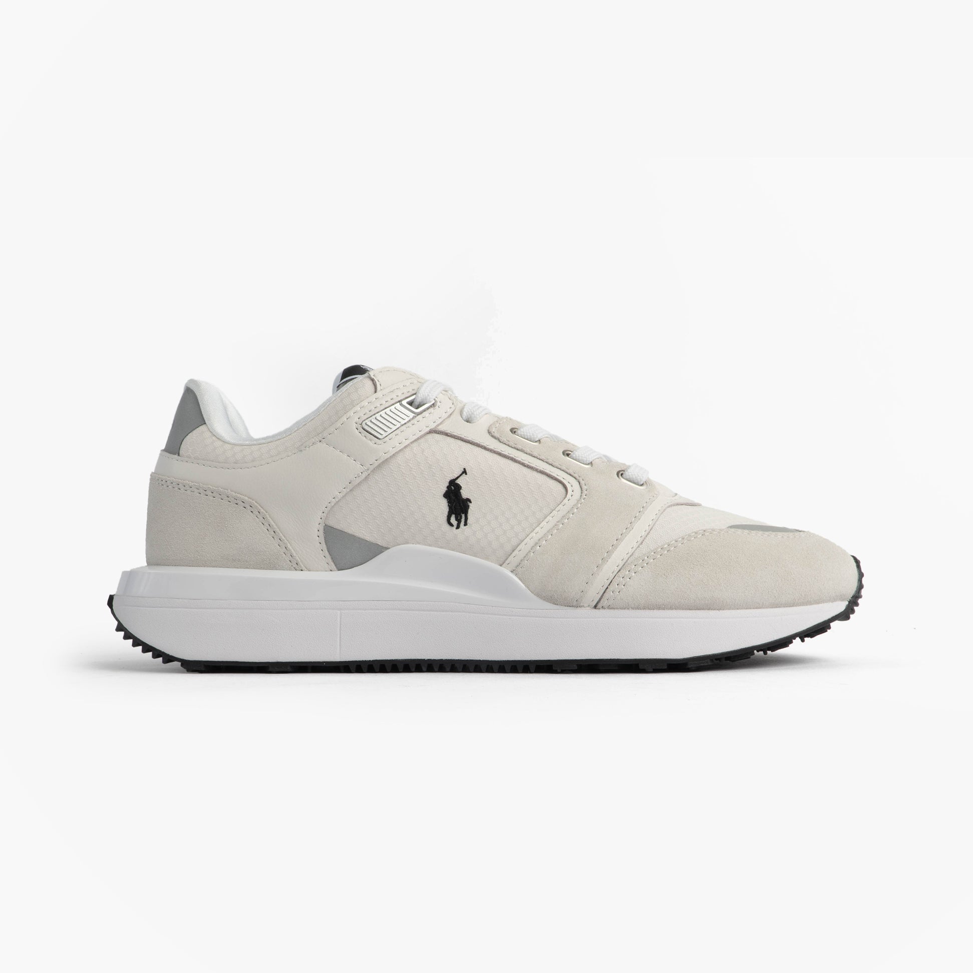 Polo Ralph Lauren Train 89 V2 Mens Suede Panelled Trainer White side view showing suede panels and signature logo.