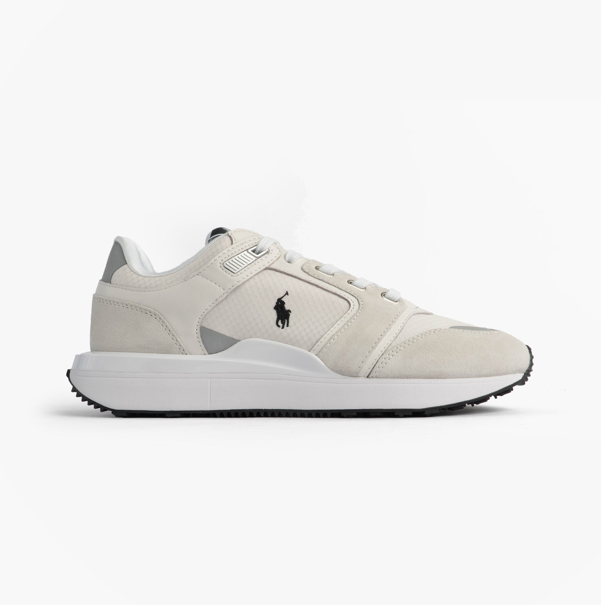 Polo Ralph Lauren Train 89 V2 Mens Suede Panelled Trainer White side view showing suede panels and signature logo.