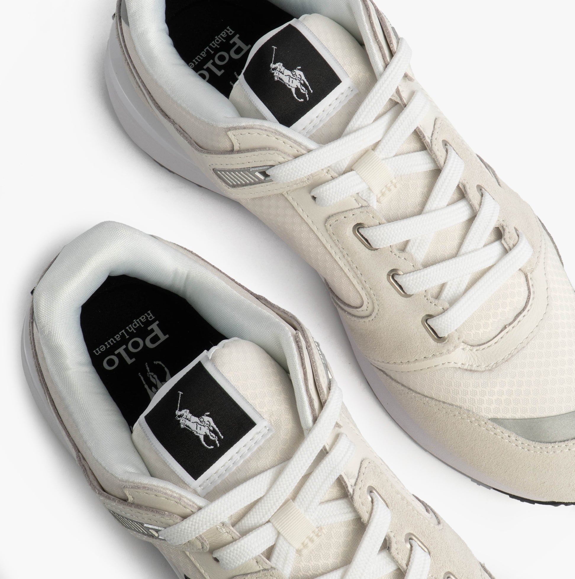 Polo Ralph Lauren Train 89 V2 Mens Suede Panelled Trainer White top view detailing the laces and logo