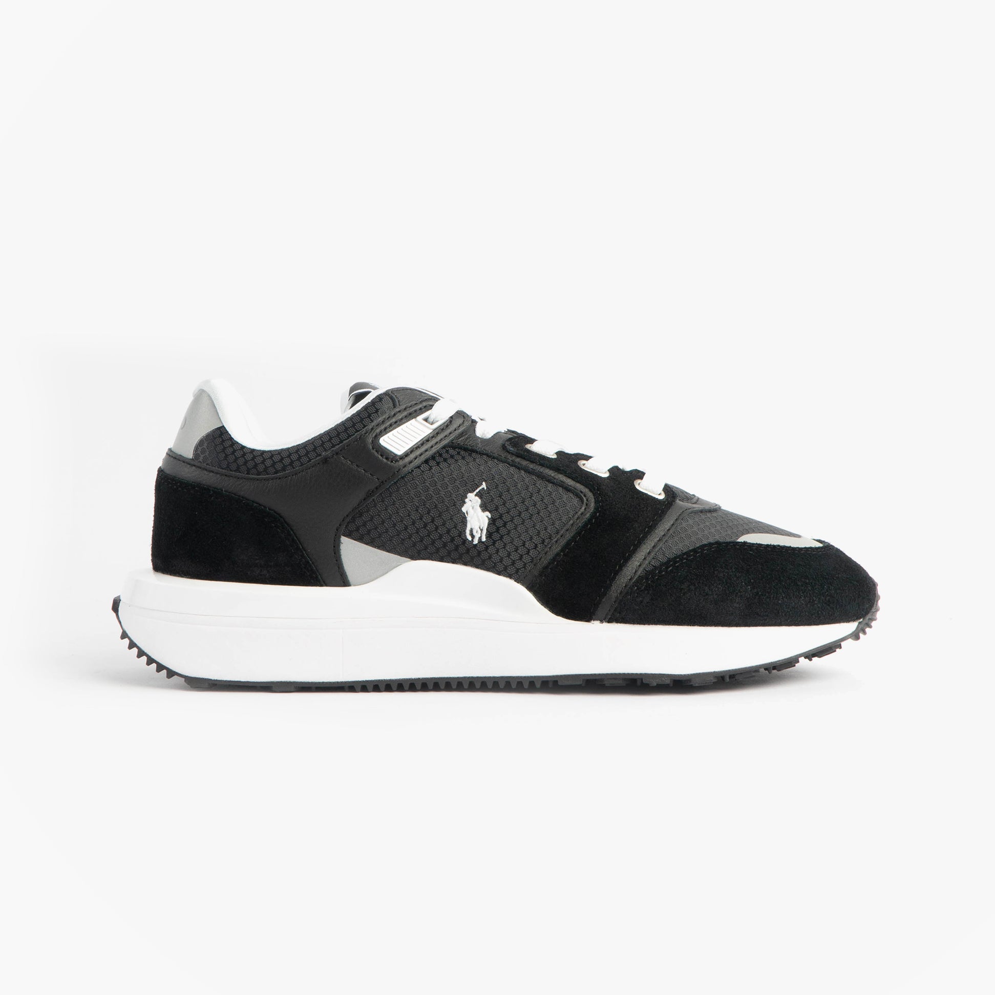 Polo Ralph Lauren Train 89 V2 Mens Suede Panelled Trainer Black/White side view with signature embroidered Pony.