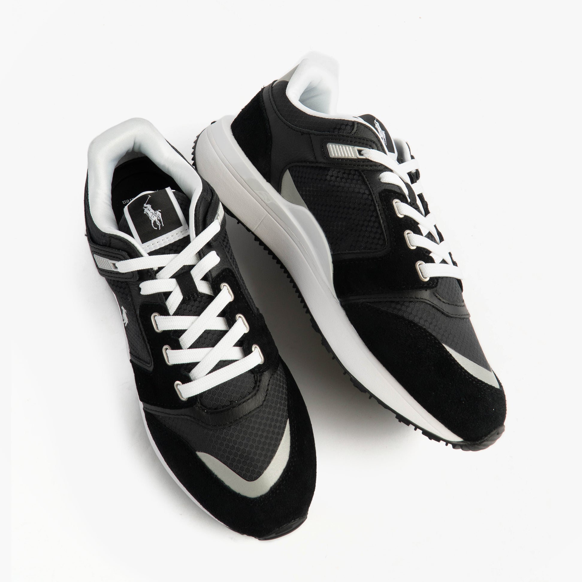 Polo Ralph Lauren Train 89 V2 Mens Suede Panelled Trainer Black/White top view with lace-up design and signature logo.