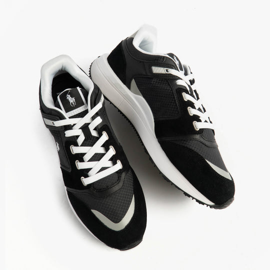 Polo Ralph Lauren Train 89 V2 Mens Suede Panelled Trainer Black/White top view with lace-up design and signature logo.