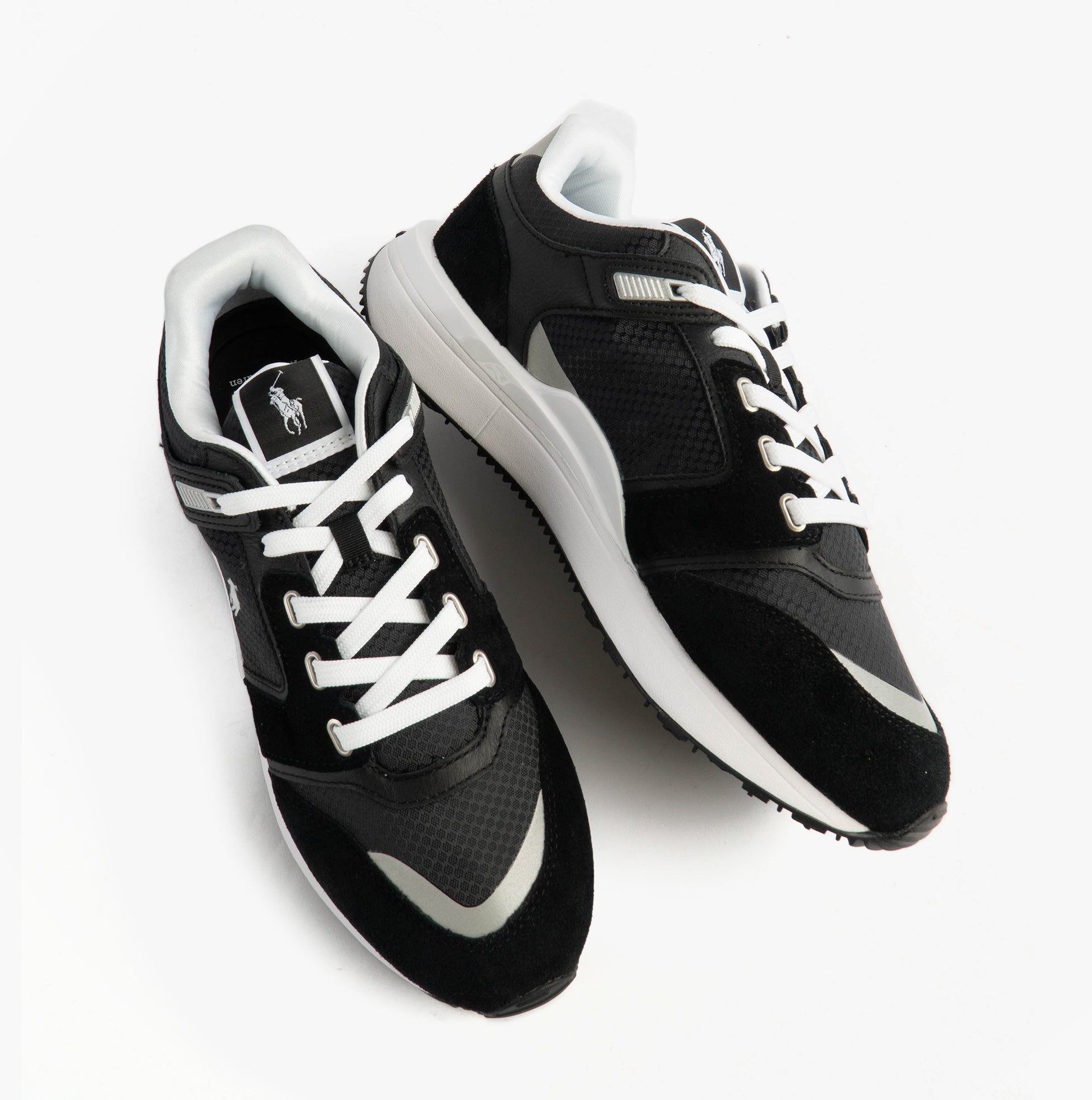 Polo Ralph Lauren Train 89 V2 Mens Suede Panelled Trainer Black/White top view with lace-up design and signature logo.