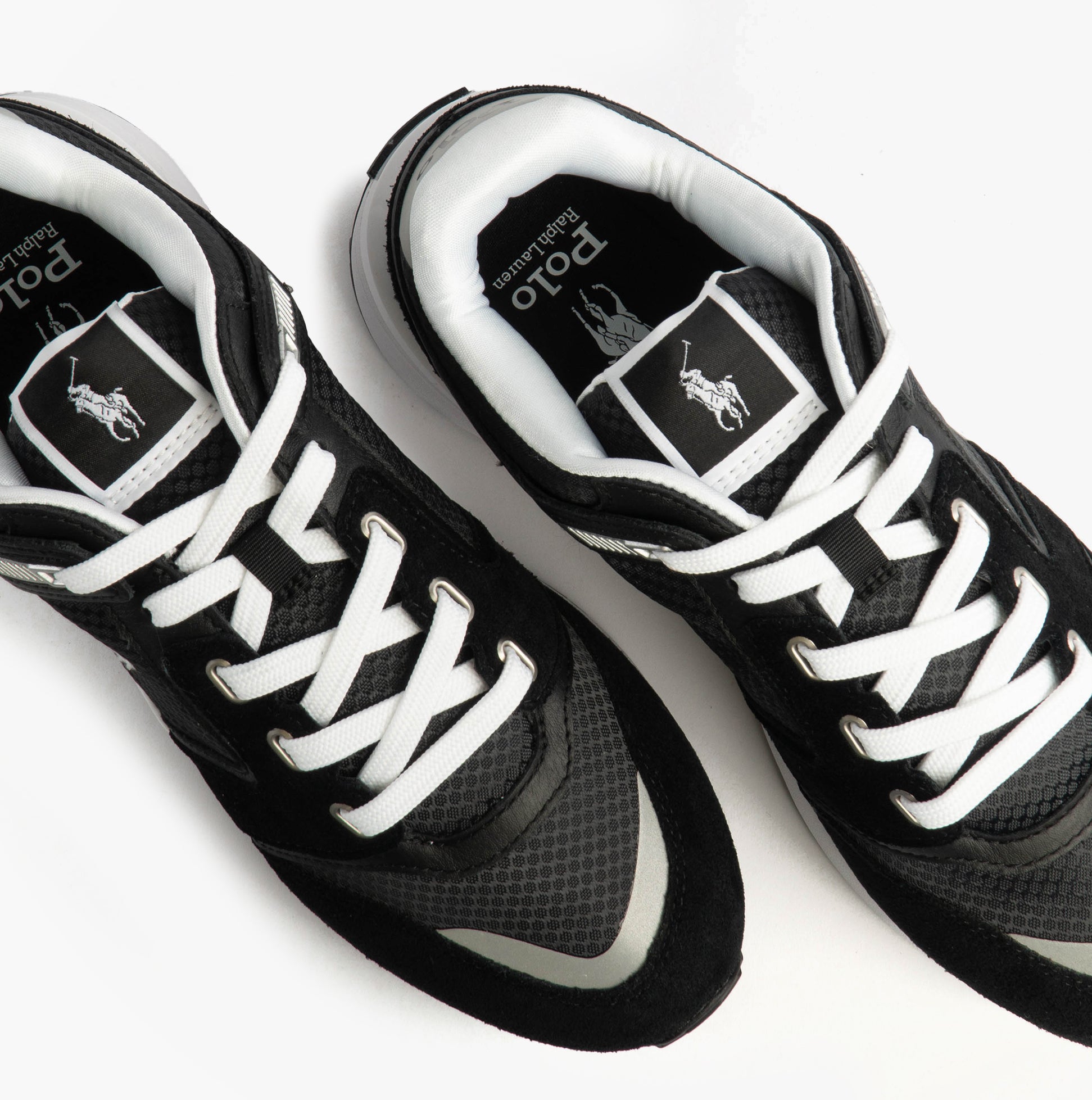 Polo Ralph Lauren Train 89 V2 Mens Suede Panelled Trainer Black/White top view with laces and signature logo