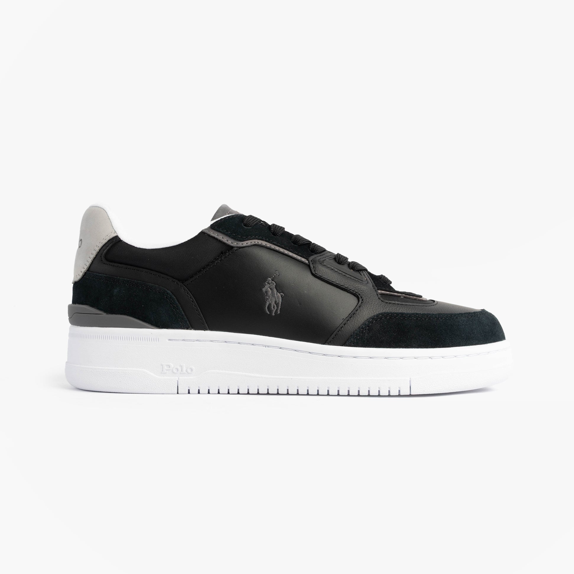 Polo Ralph Lauren Open Masters Mens Suede-Panelled Trainer Black side view showing suede and leather design