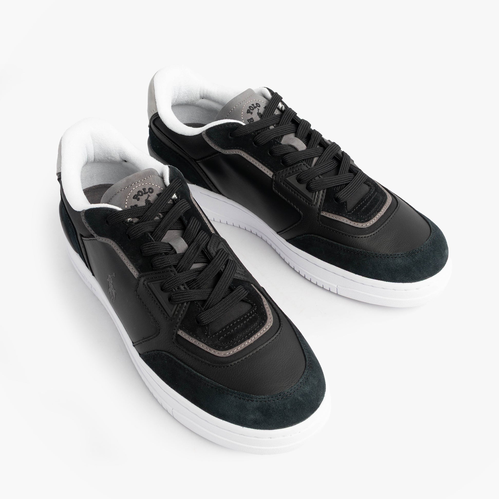 Polo Ralph Lauren Open Masters Mens Suede-Panelled Trainer Black top view showing sleek design and lace-up closure.
