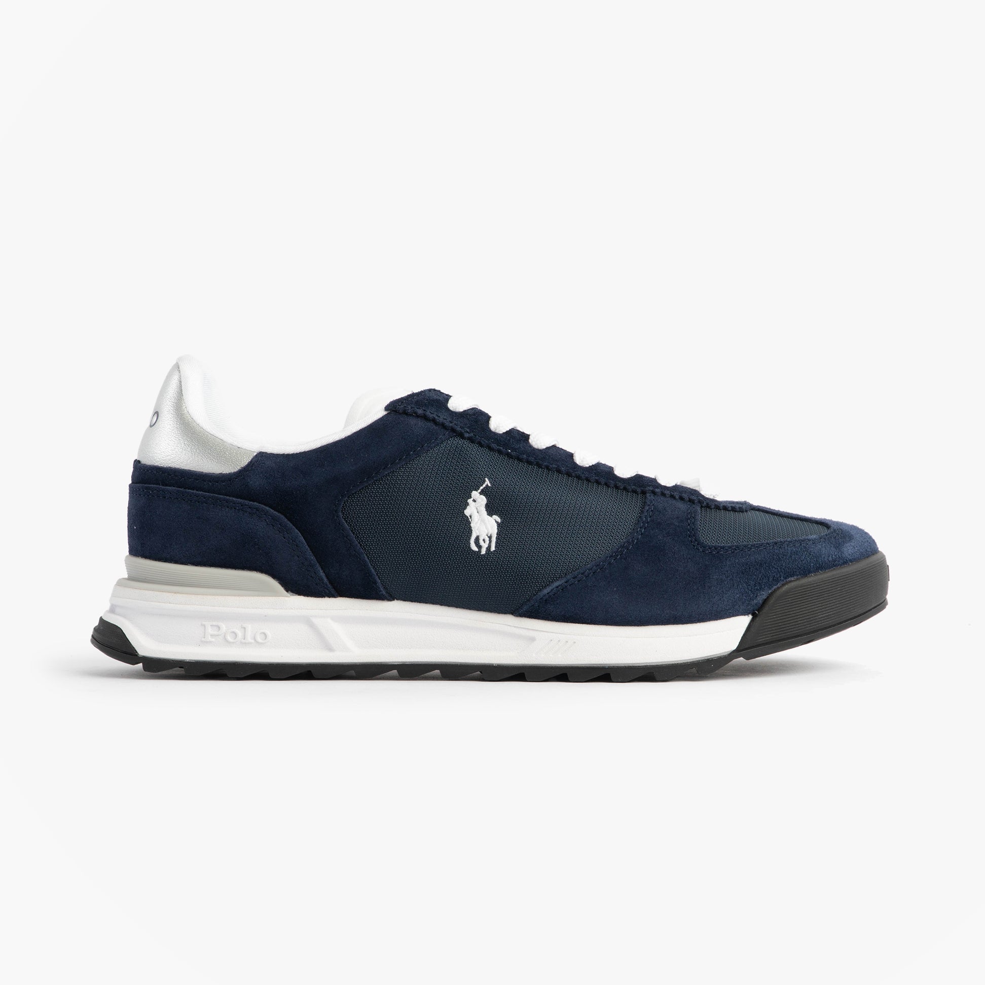 Polo Ralph Lauren Mens Varick Suede & Oxford Lace Up Trainer Navy side view showcasing the suede and oxford design.